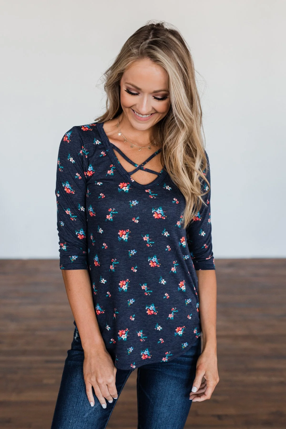 Scents of the Season Floral Criss Cross Top- Navy - Image 4