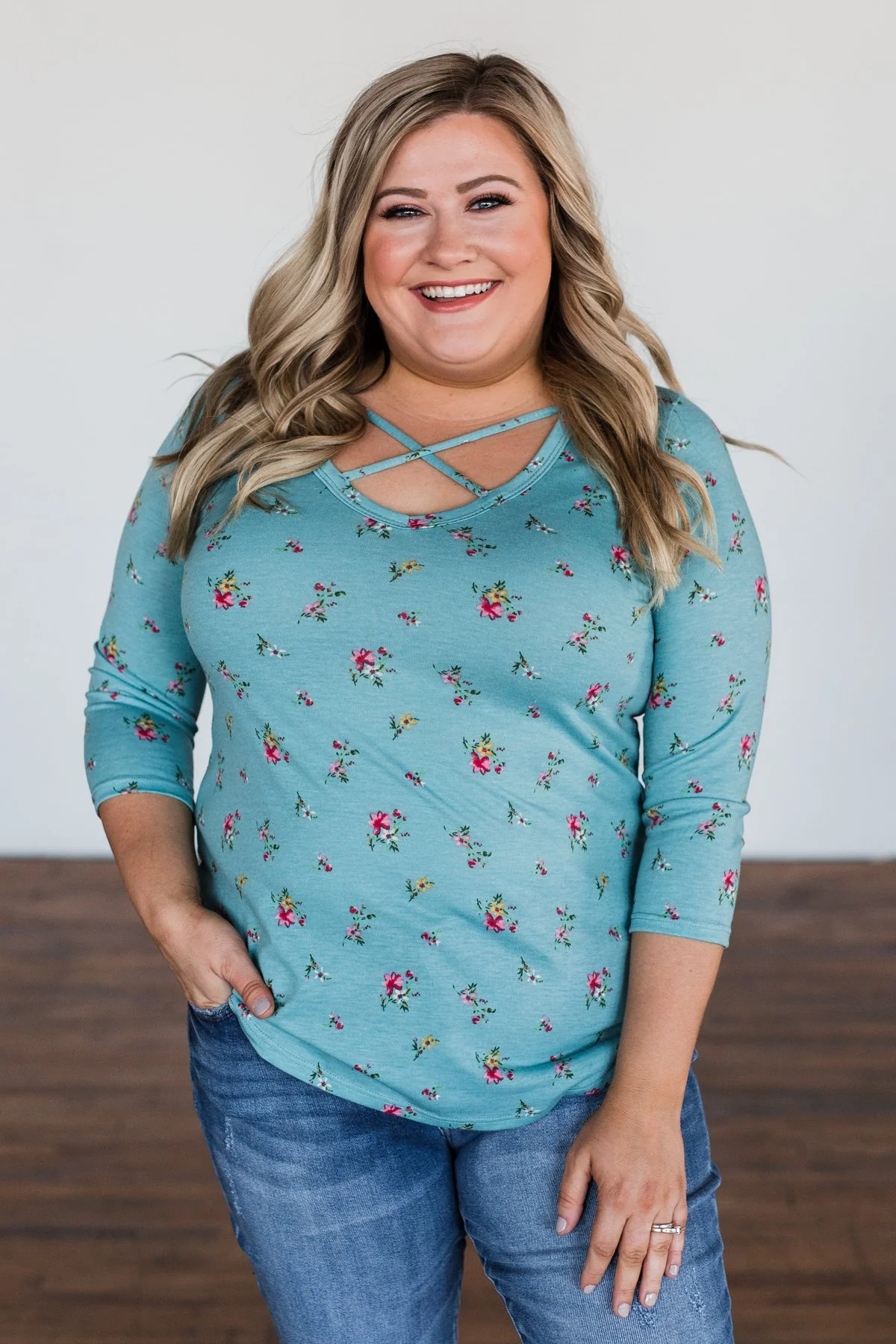 Scents of the Season Floral Criss Cross Top- Teal - Image 2