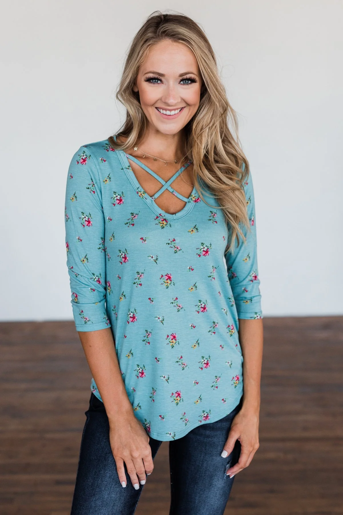 Scents of the Season Floral Criss Cross Top- Teal - Image 3