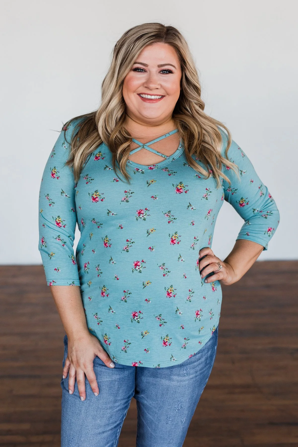 Scents of the Season Floral Criss Cross Top- Teal - Image 4