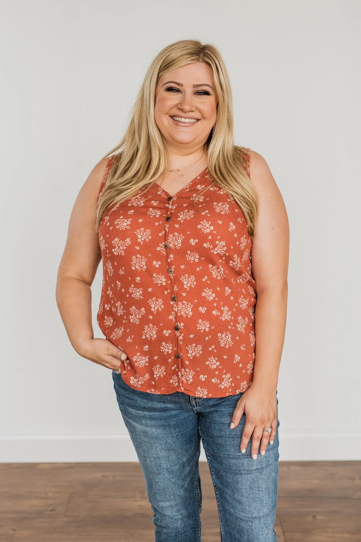 Sealed With A Kiss Floral Button Tank Top- Rust - Image 4