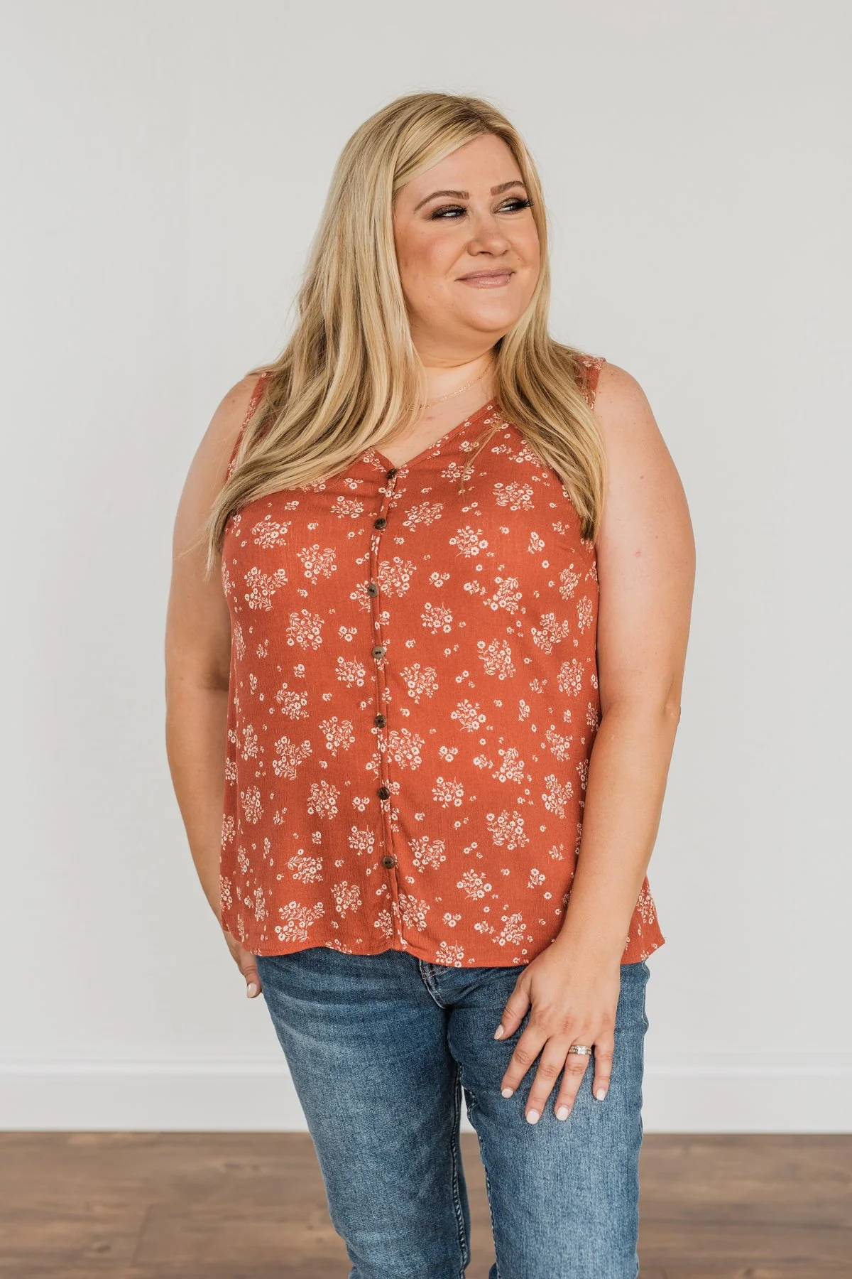 Sealed With A Kiss Floral Button Tank Top- Rust - Image 7