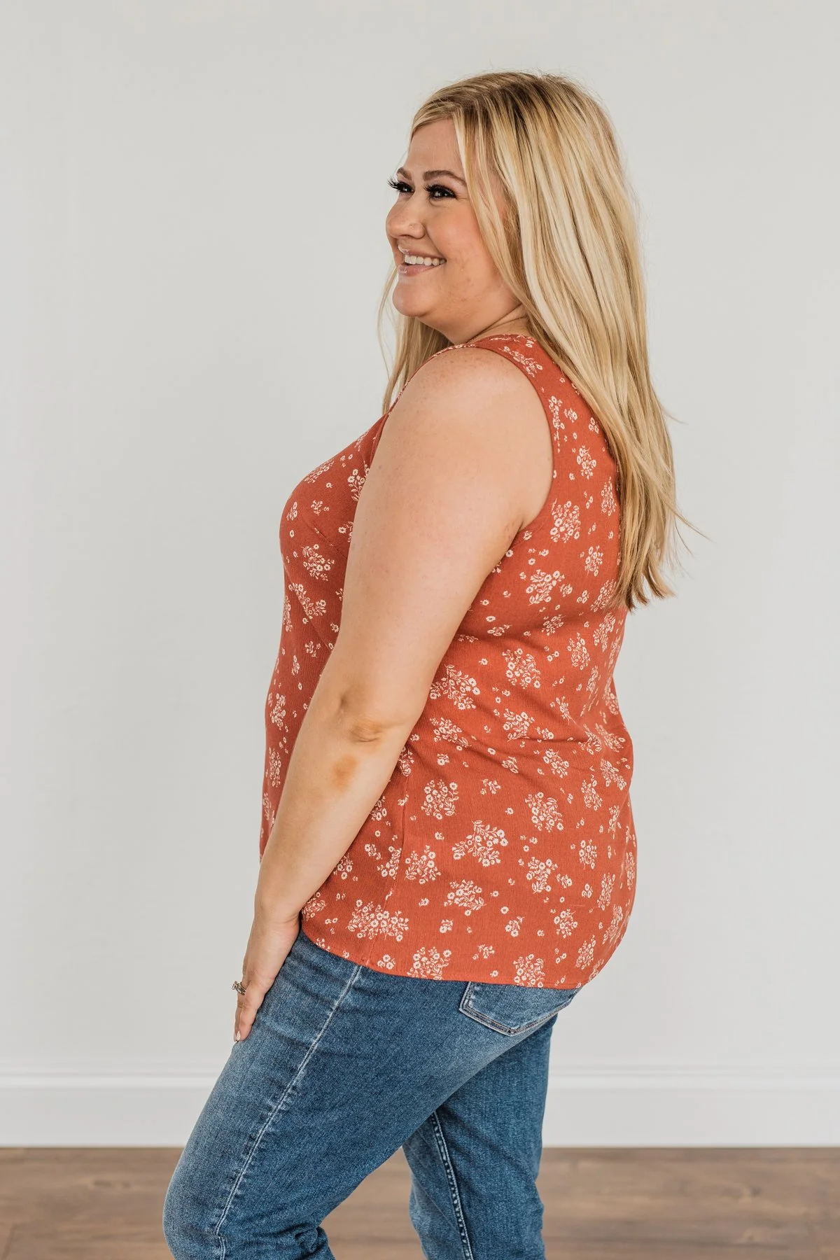 Sealed With A Kiss Floral Button Tank Top- Rust - Image 9