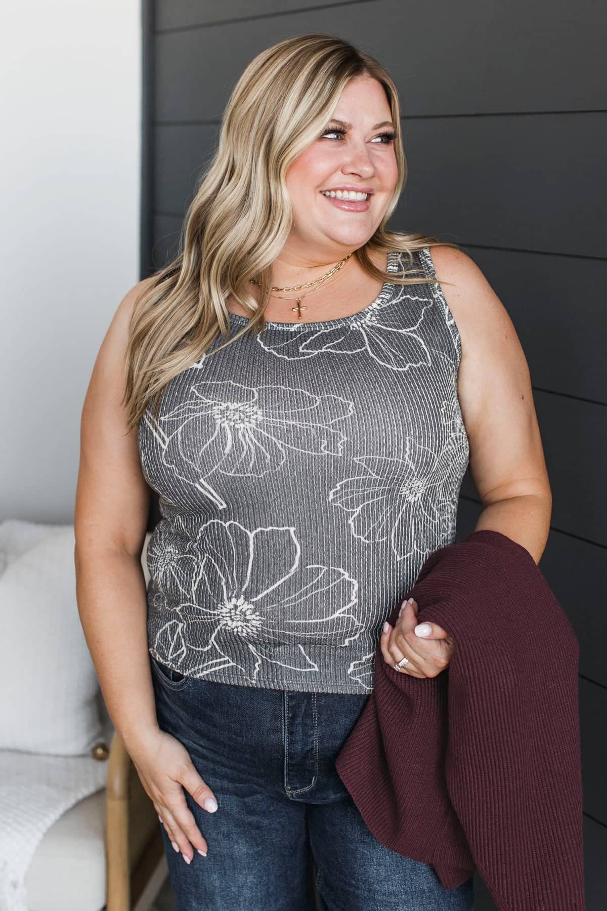 Searching For Fun Floral Tank Top- Charcoal - Image 3
