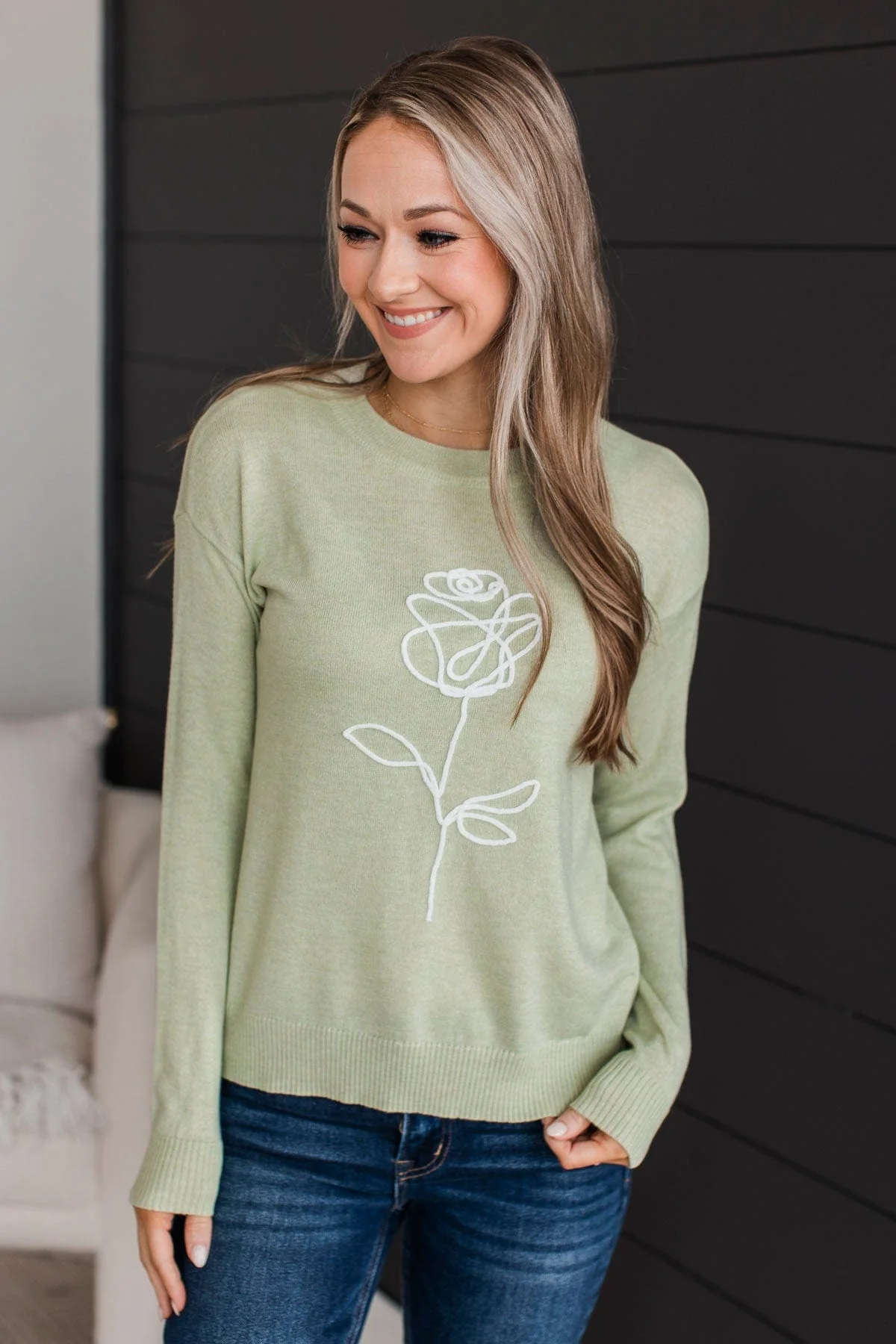 Searching For Love Embroidered Sweater- Sage - Image 3