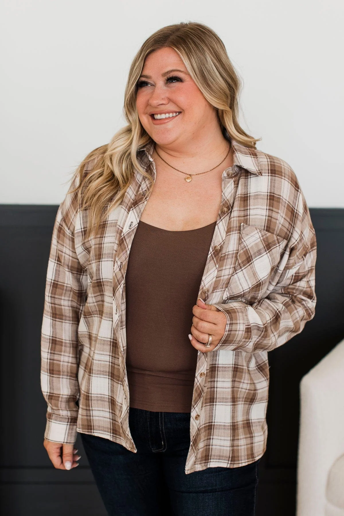 Searching For Silver Linings Plaid Button Top- Ivory & Mocha