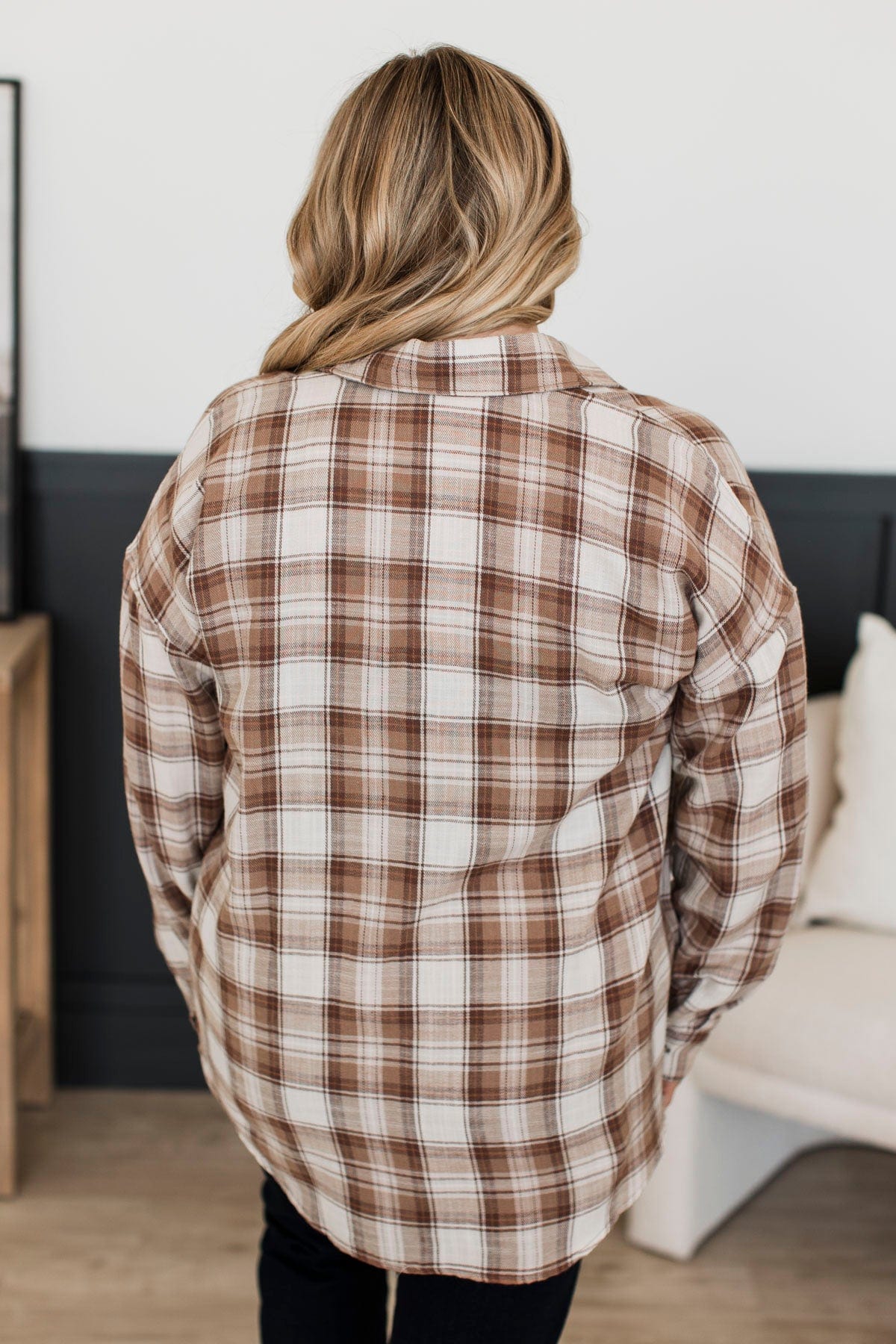 Searching For Silver Linings Plaid Button Top- Ivory & Mocha - Image 7