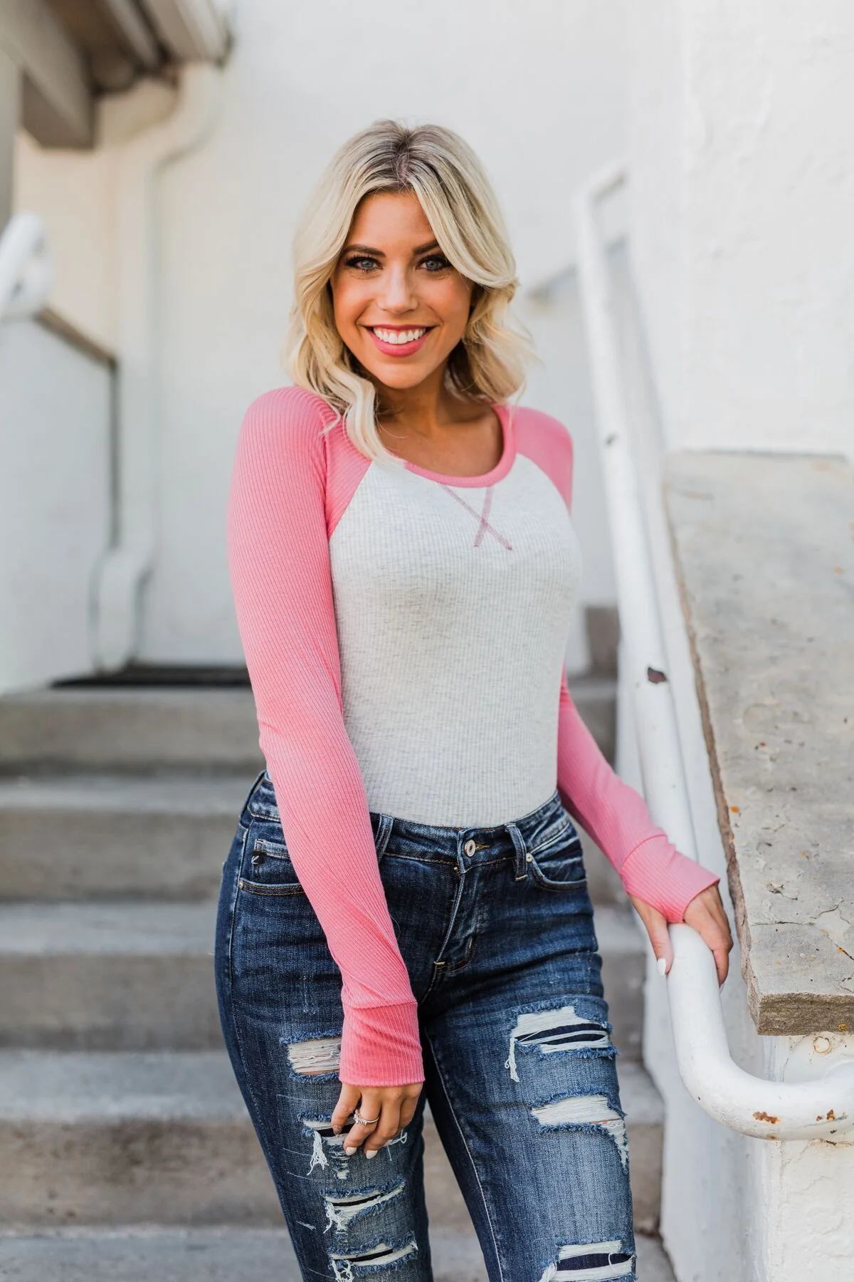 Season Awaits Long Sleeve Raglan Top- Pink - Image 3