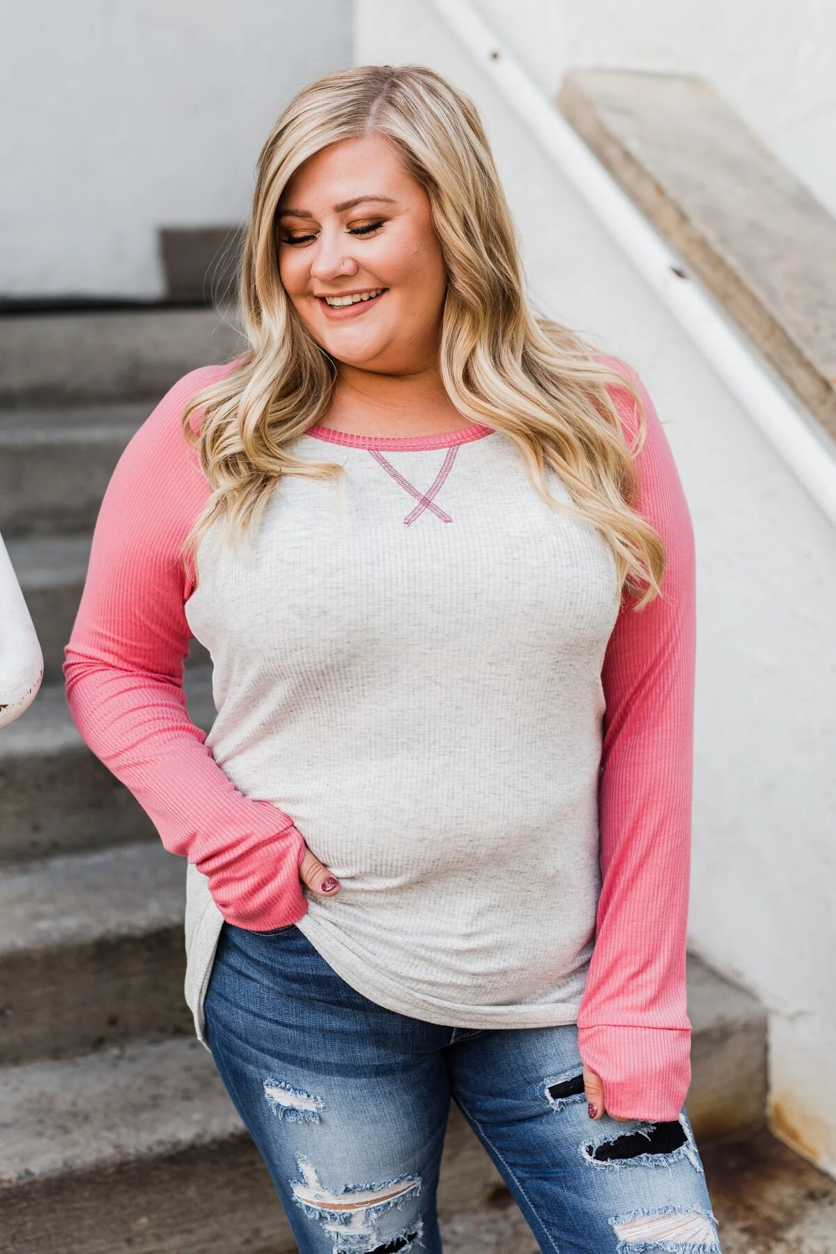 Season Awaits Long Sleeve Raglan Top- Pink - Image 6