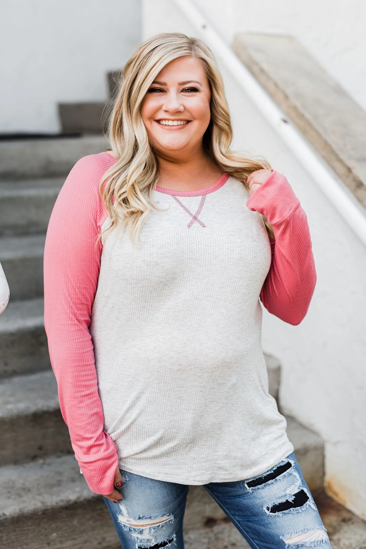 Season Awaits Long Sleeve Raglan Top- Pink - Image 8