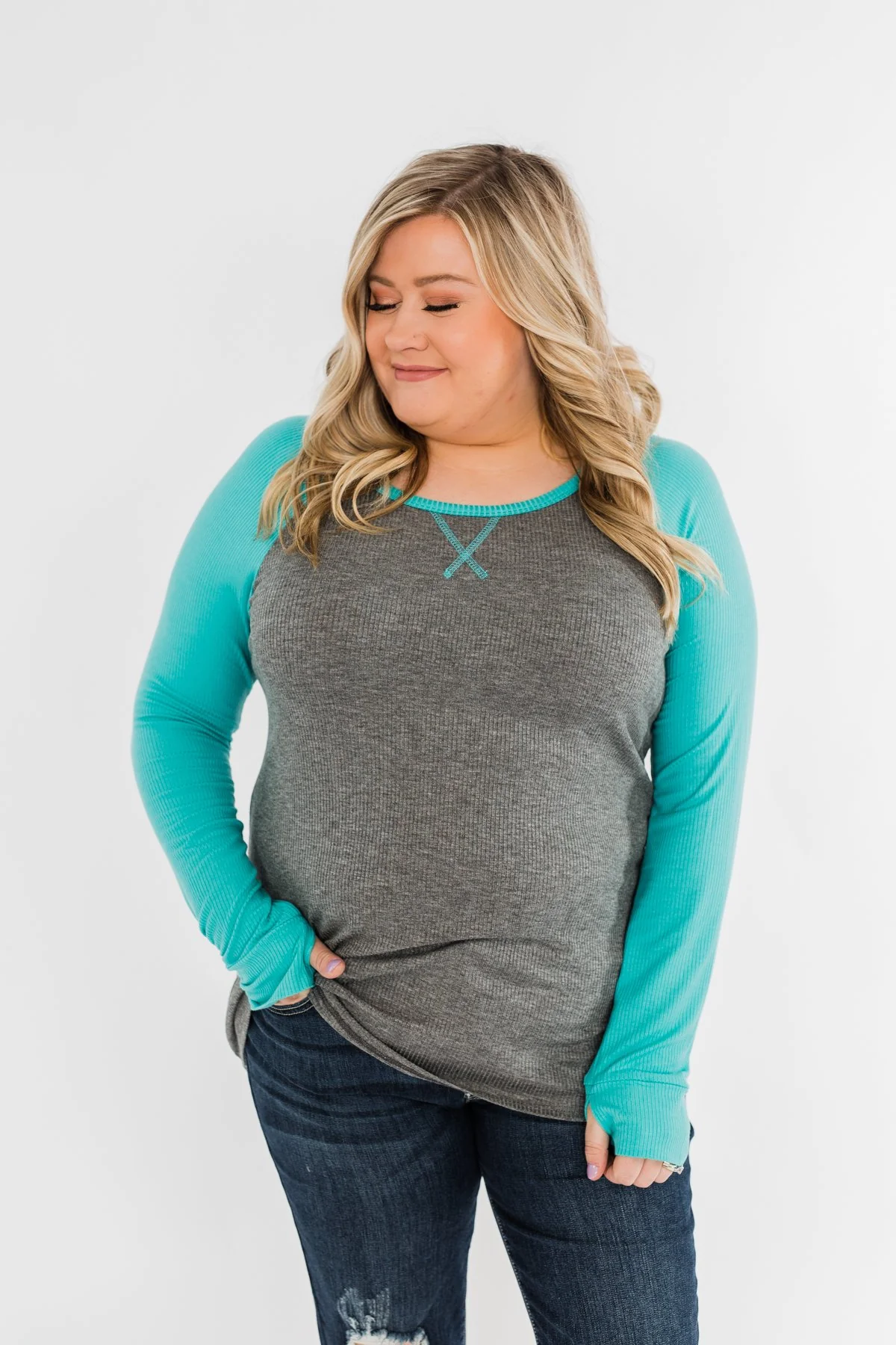 Season Awaits Long Sleeve Raglan Top- Turquoise - Image 2