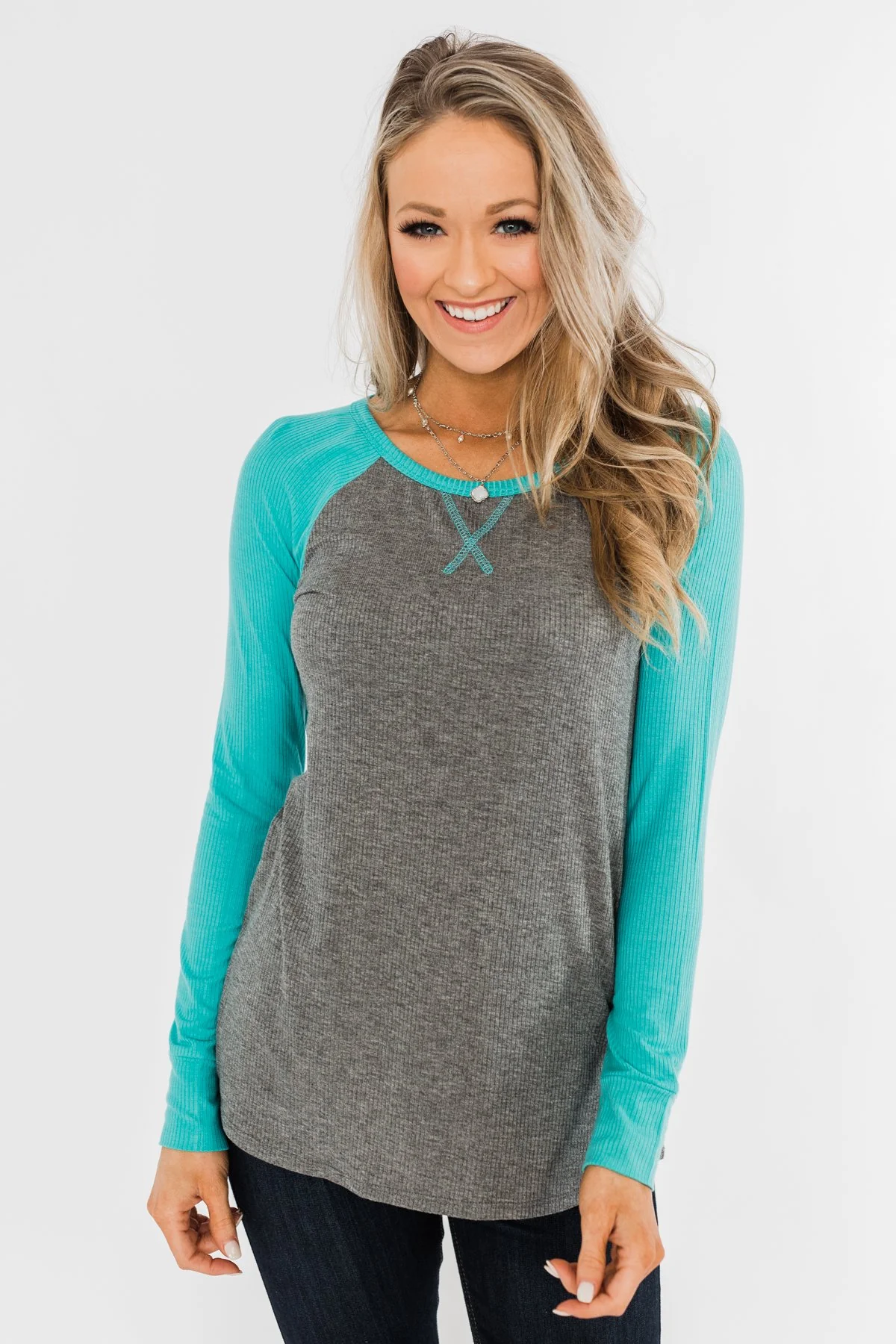 Season Awaits Long Sleeve Raglan Top- Turquoise - Image 3