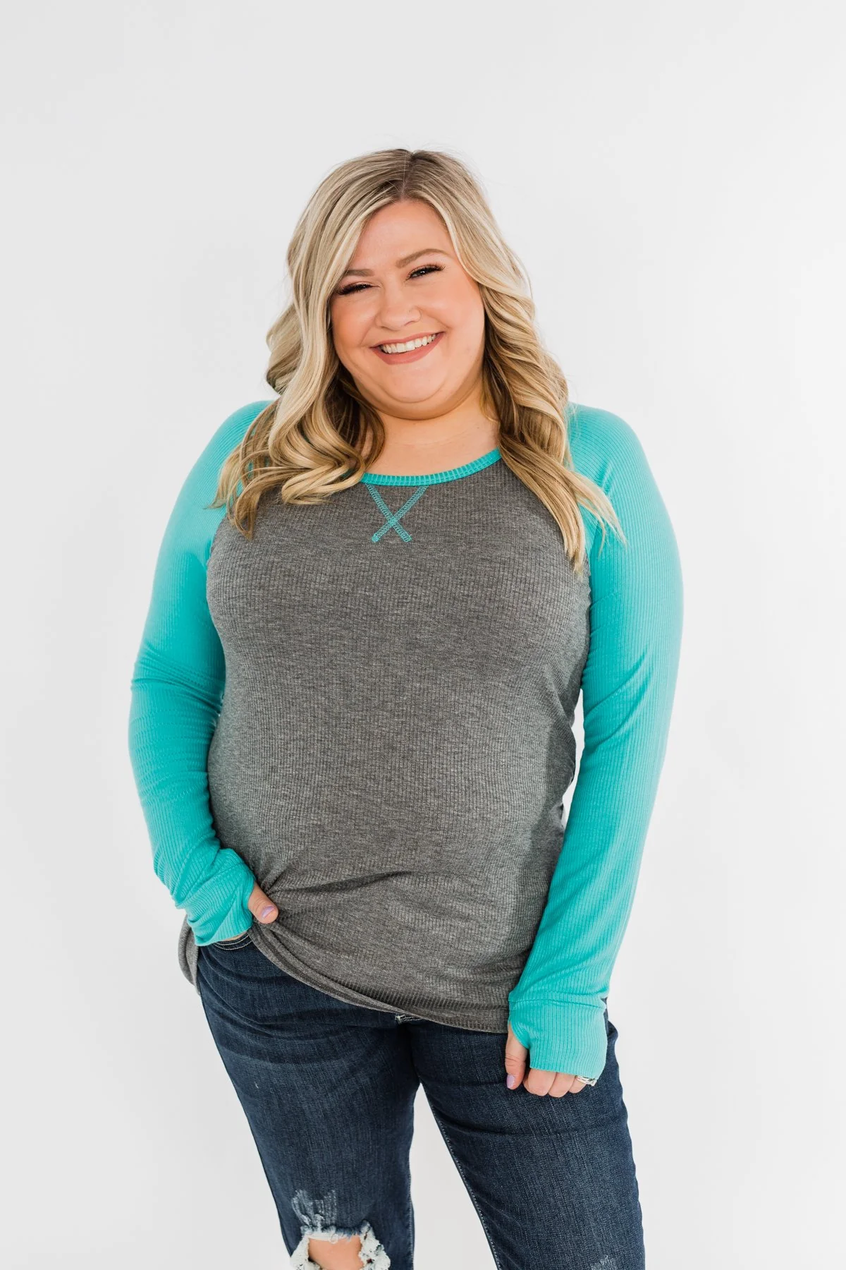 Season Awaits Long Sleeve Raglan Top- Turquoise - Image 6