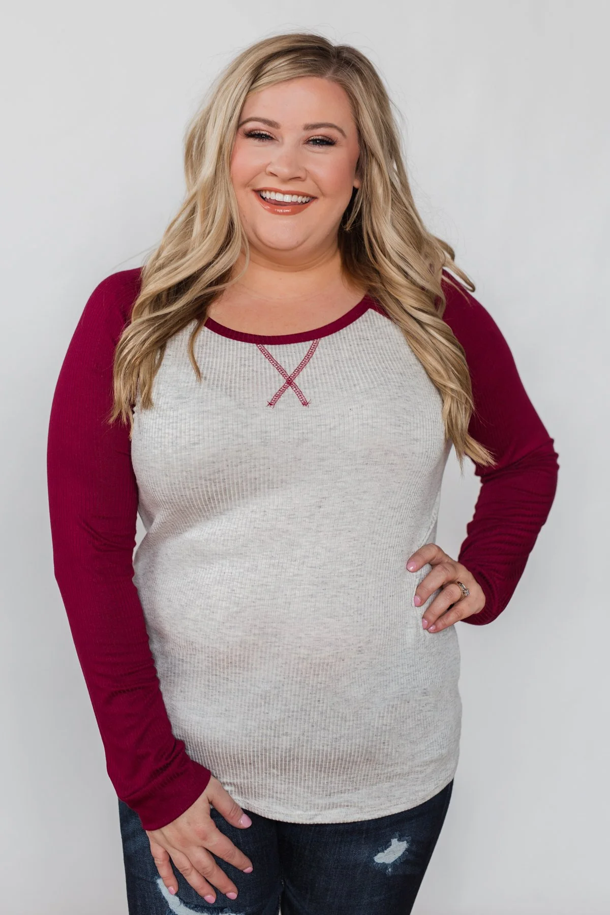 Season's Greetings Ribbed Top- Heather Grey & Maroon - Image 2