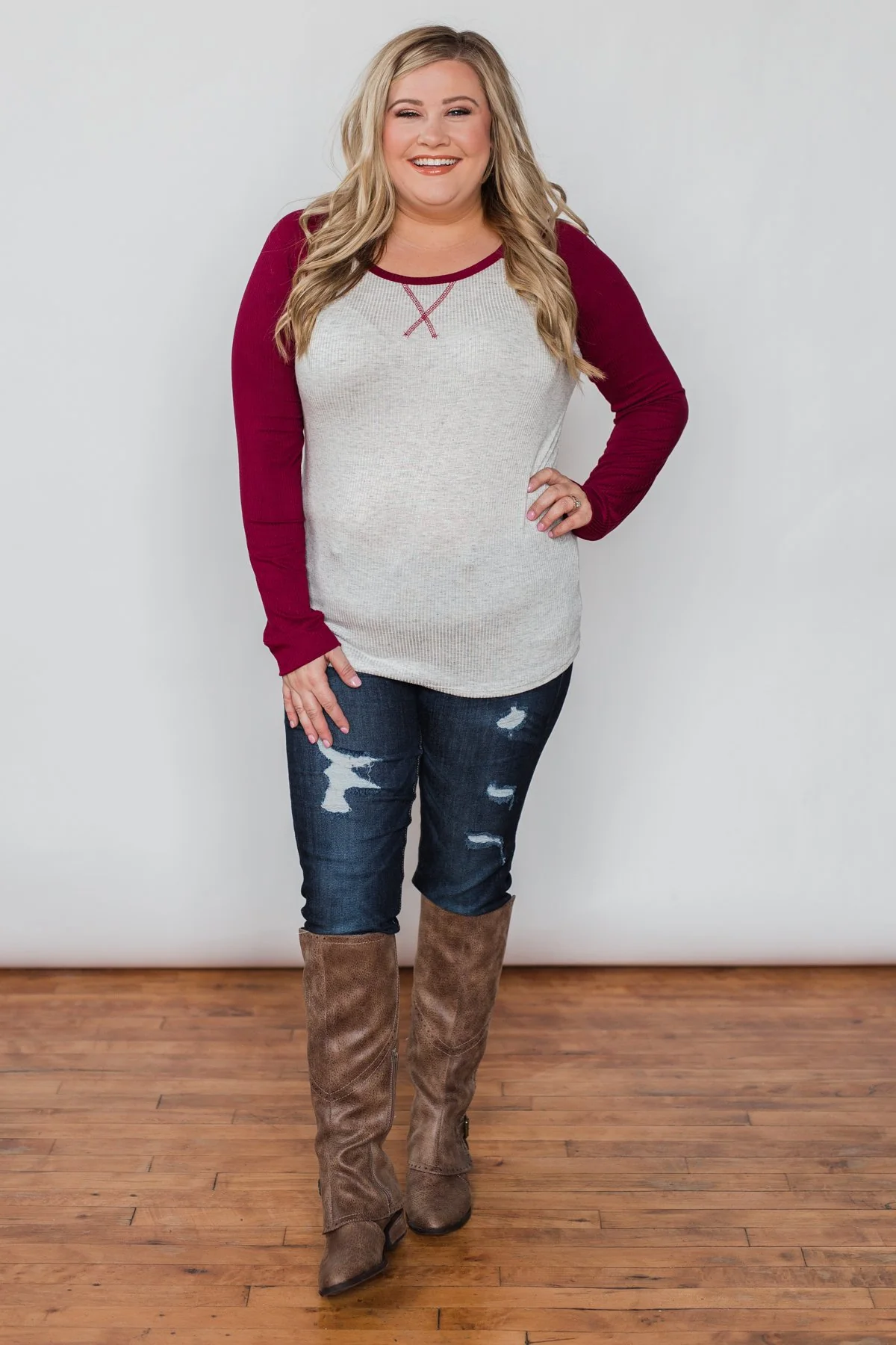 Season's Greetings Ribbed Top- Heather Grey & Maroon - Image 4