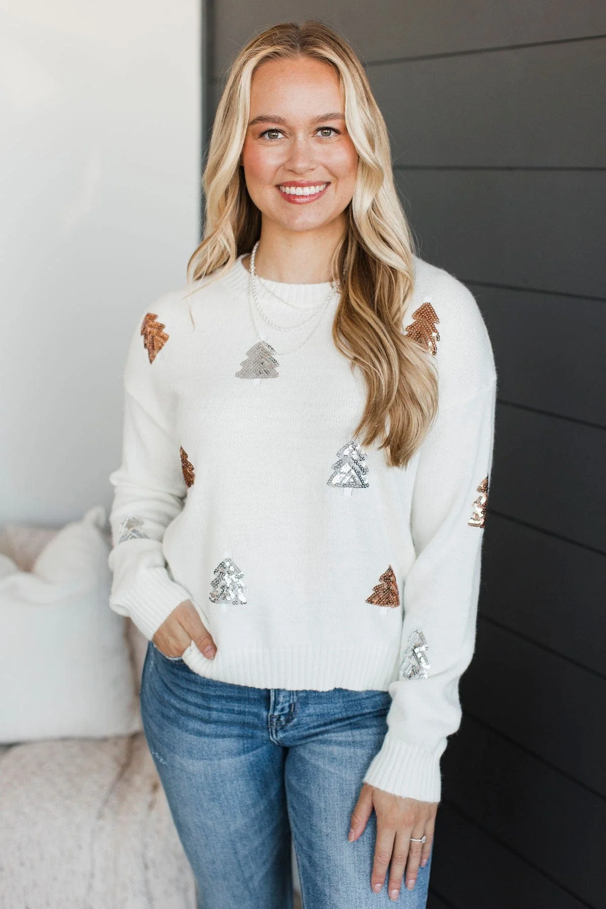 Seasonal Feelings Sequin Knit Sweater- Off-White - Image 2