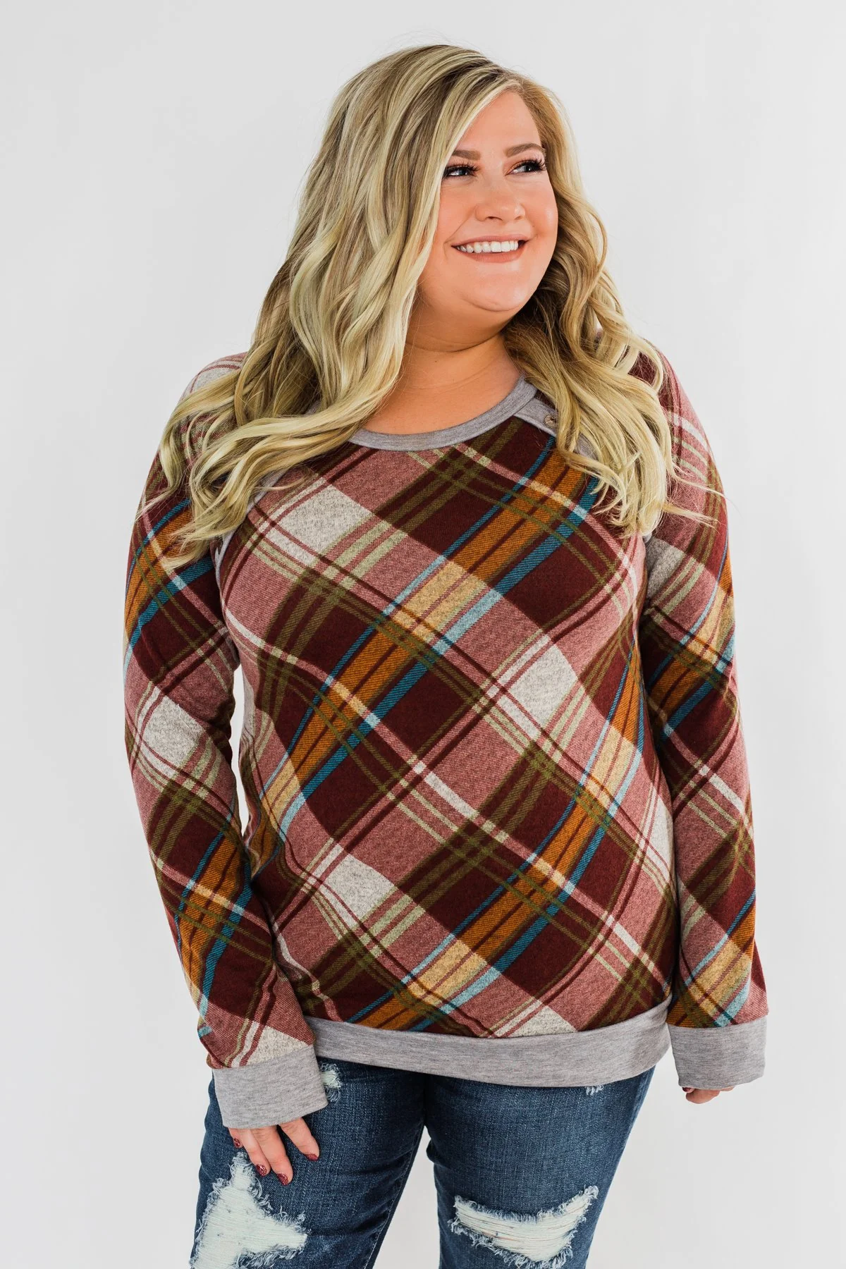 Seasons Change Plaid Button Top- Dark Rust & Grey - Image 2