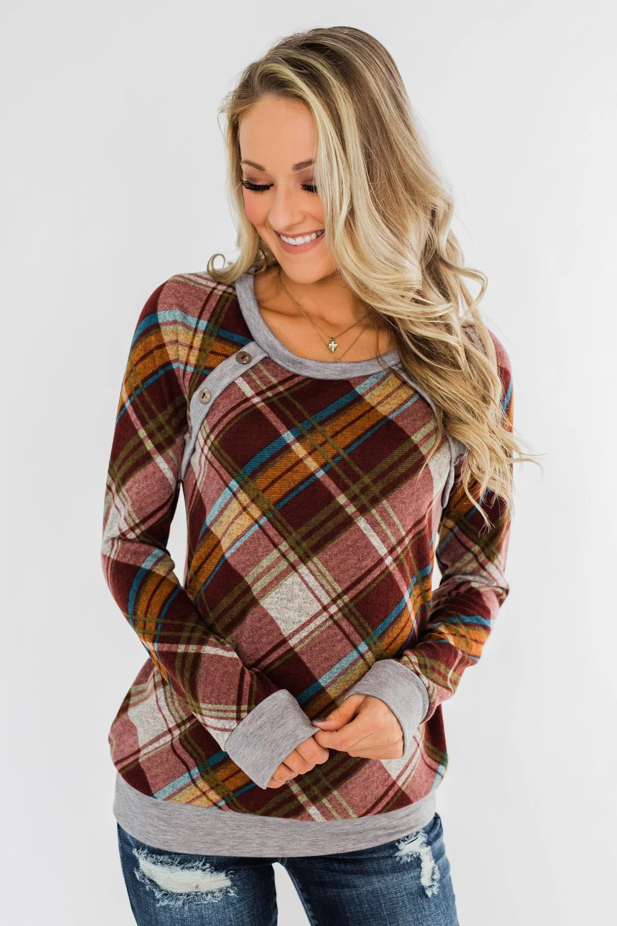 Seasons Change Plaid Button Top- Dark Rust & Grey - Image 3