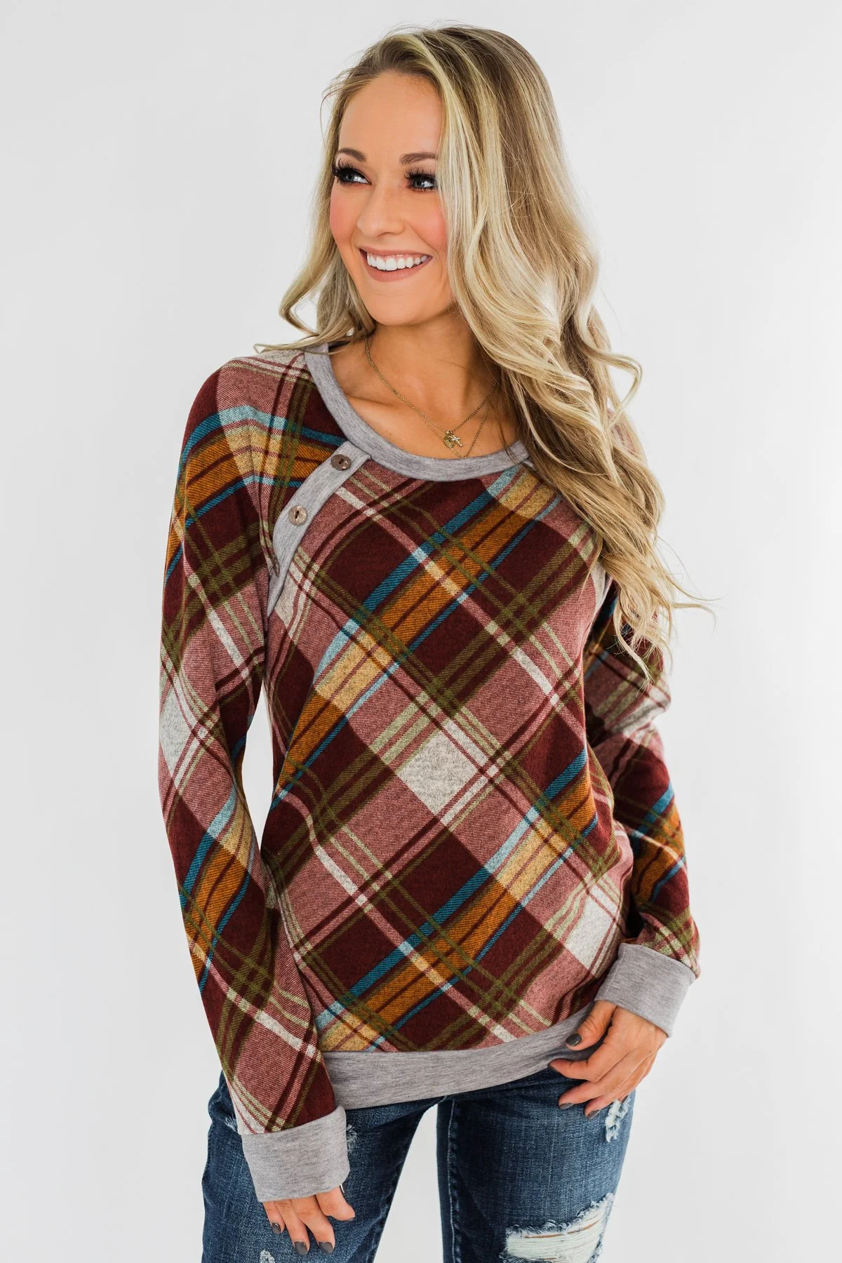 Seasons Change Plaid Button Top- Dark Rust & Grey - Image 5