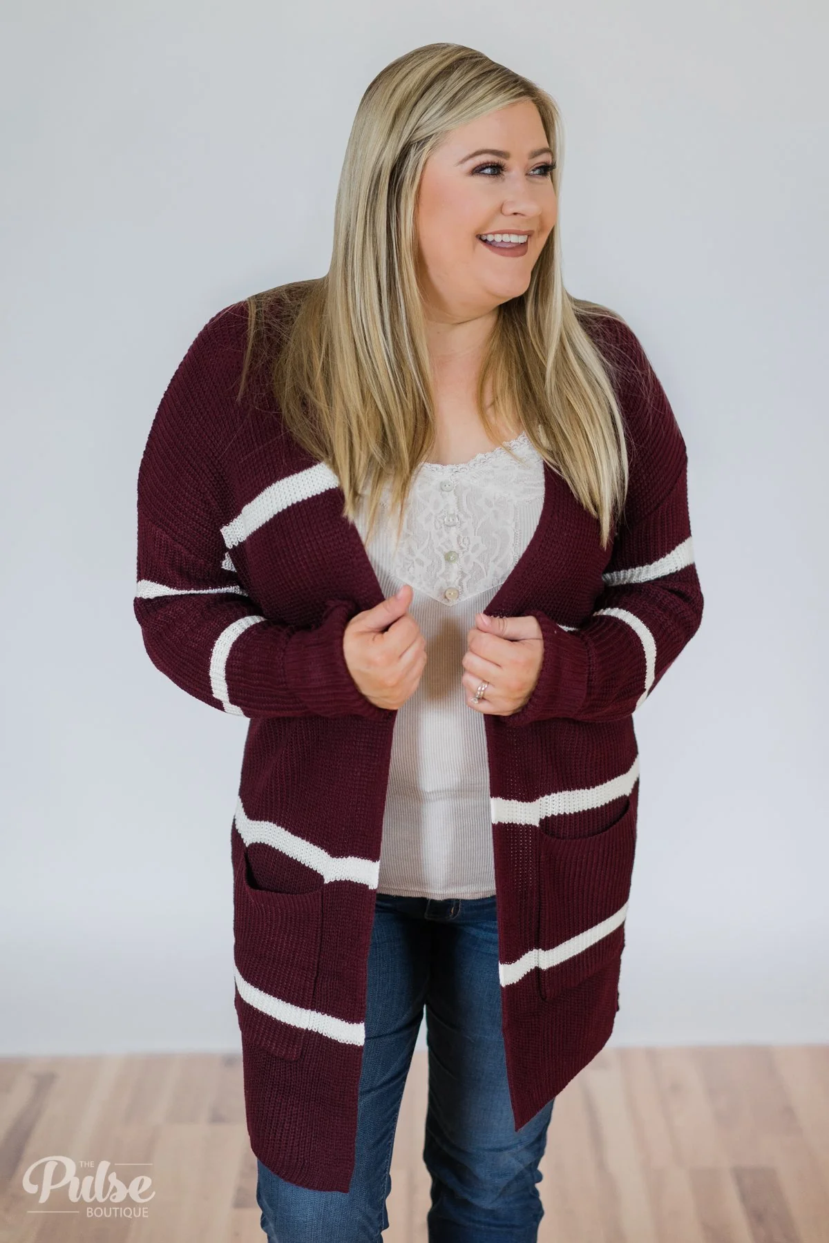 Seasons Go By Striped Knit Cardigan- Burgundy - Image 2
