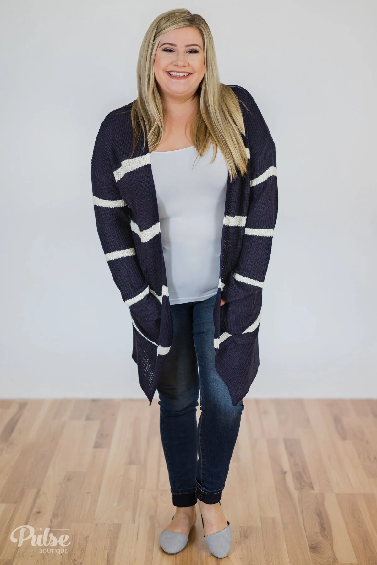 Seasons Go By Striped Knit Cardigan- Navy - Image 2