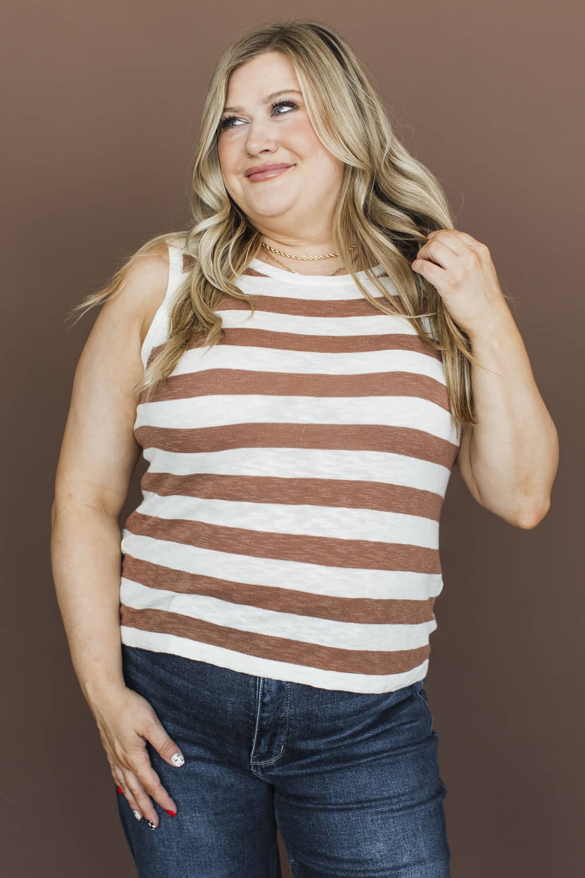 Second To None Striped Knit Tank Top- Copper Brown - Image 3