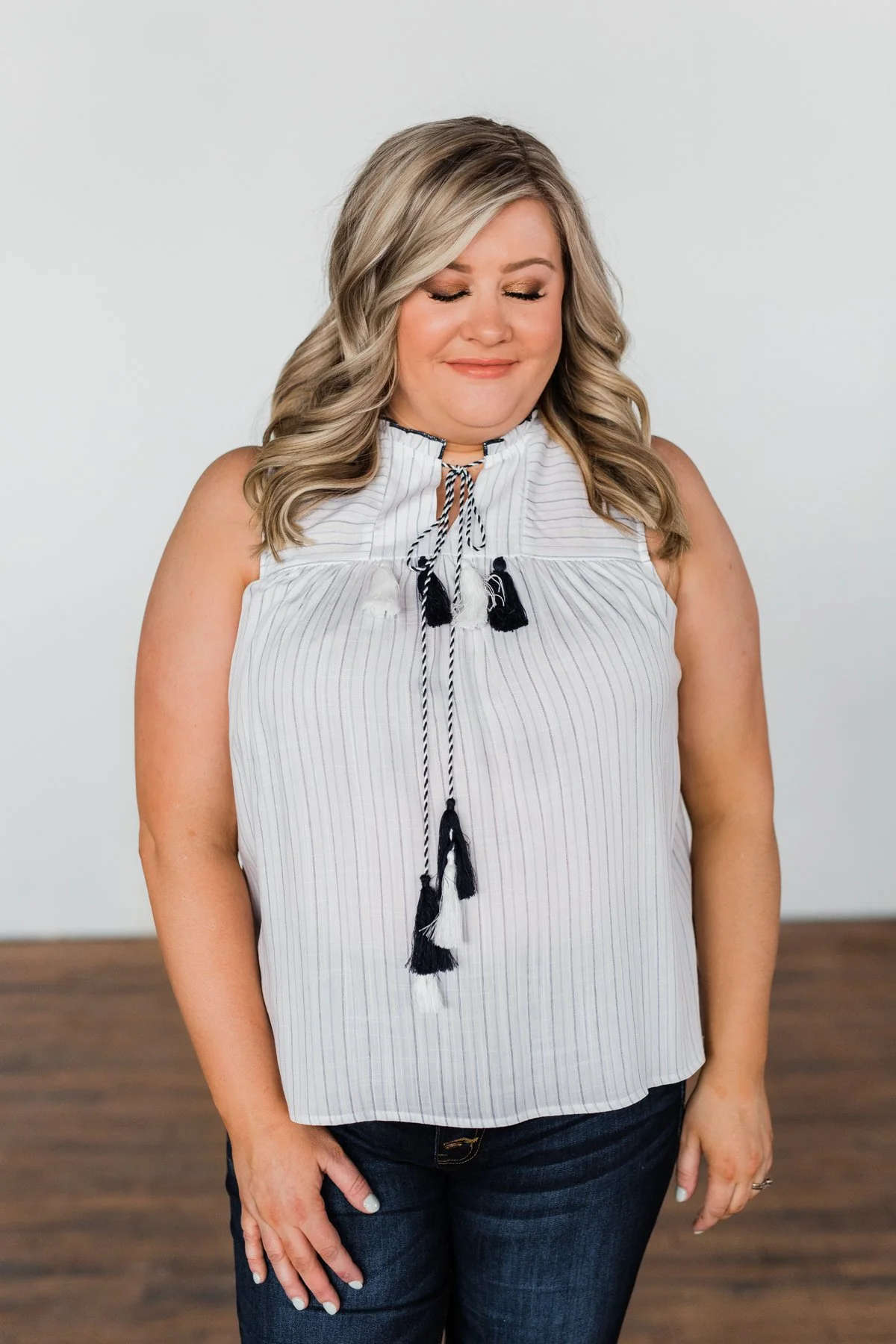 Secret Charm Striped Tassel Tank Top- Ivory & Navy - Image 2