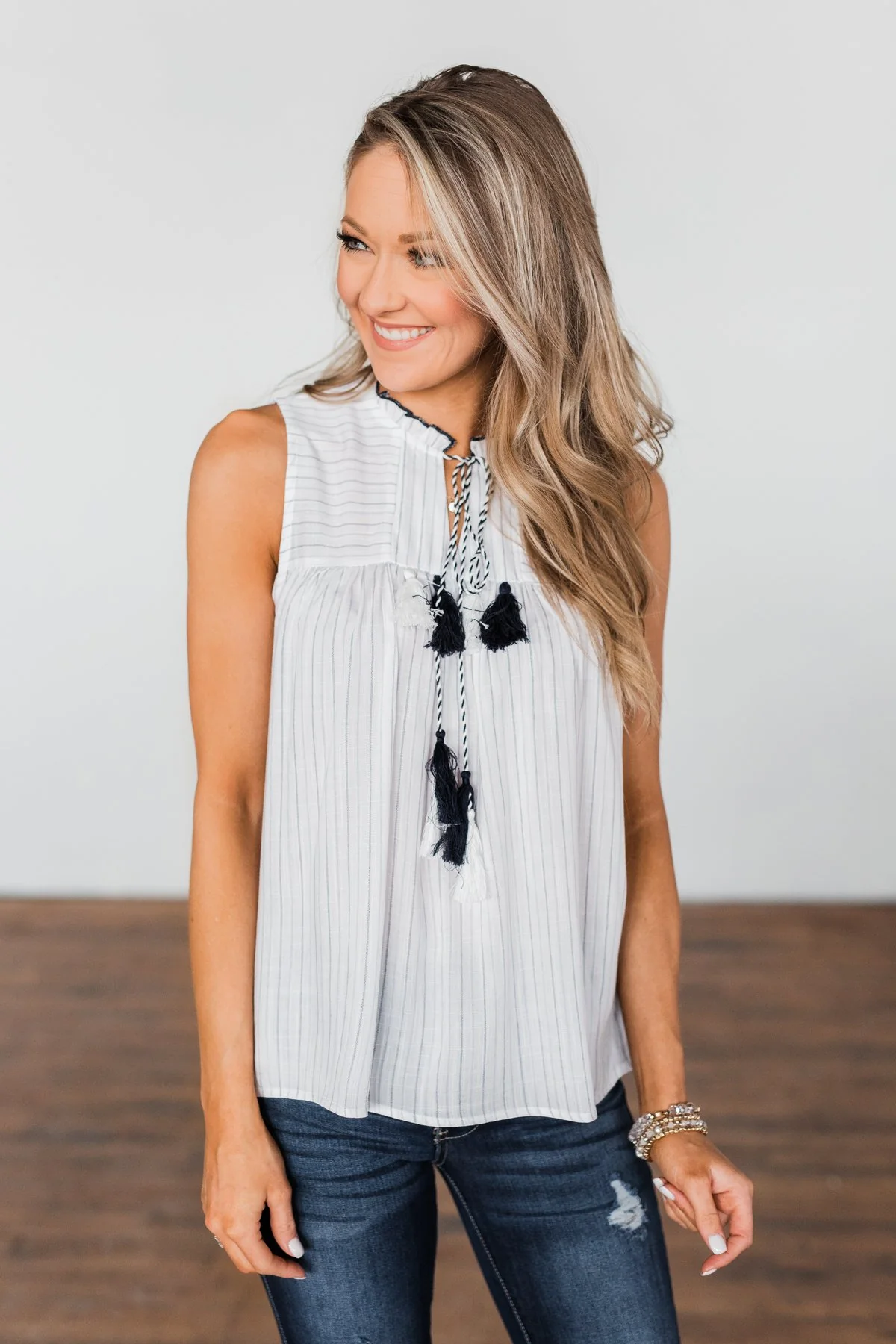 Secret Charm Striped Tassel Tank Top- Ivory & Navy - Image 5