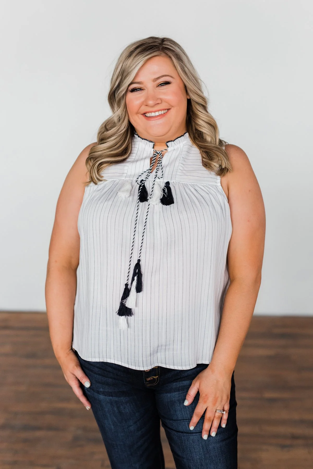 Secret Charm Striped Tassel Tank Top- Ivory & Navy - Image 8