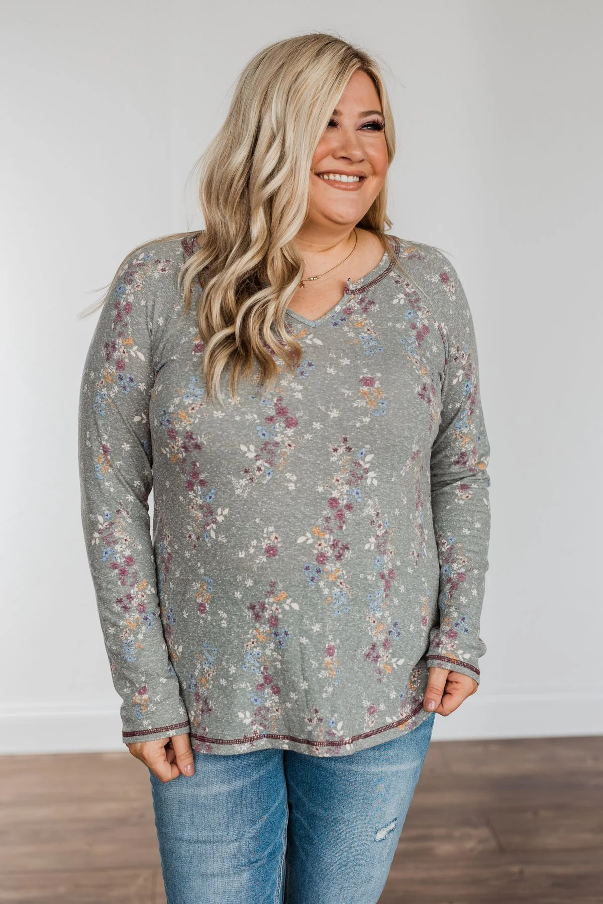 Secret Kisses Floral Long Sleeve Top- Dusty Olive - Image 3