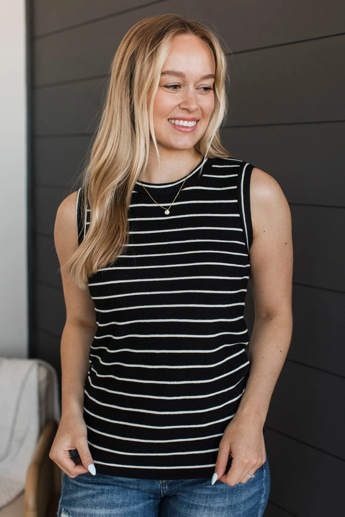 Secretly In Love Striped Tank Top- Black & Ivory - Image 2