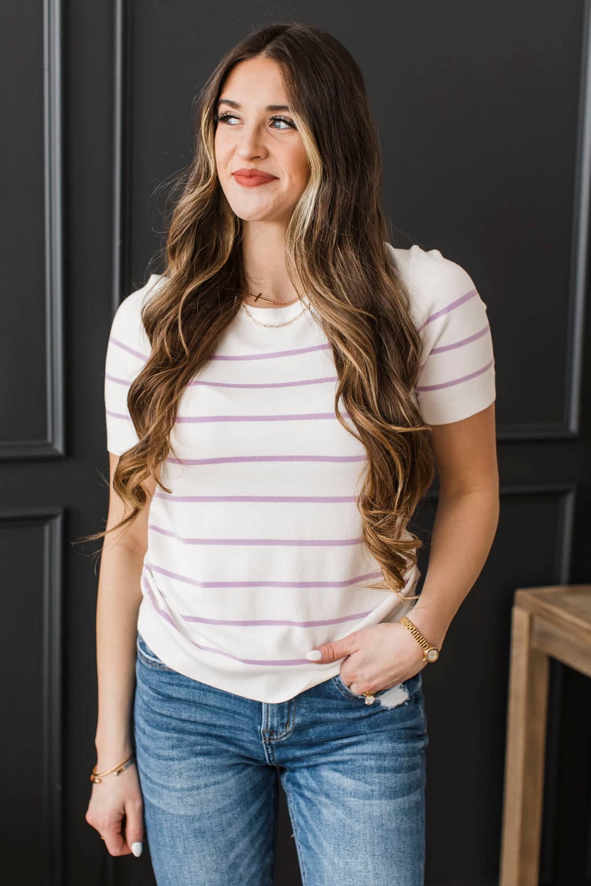 See It Through Striped Short Sleeve Knit Top- White & Lavender