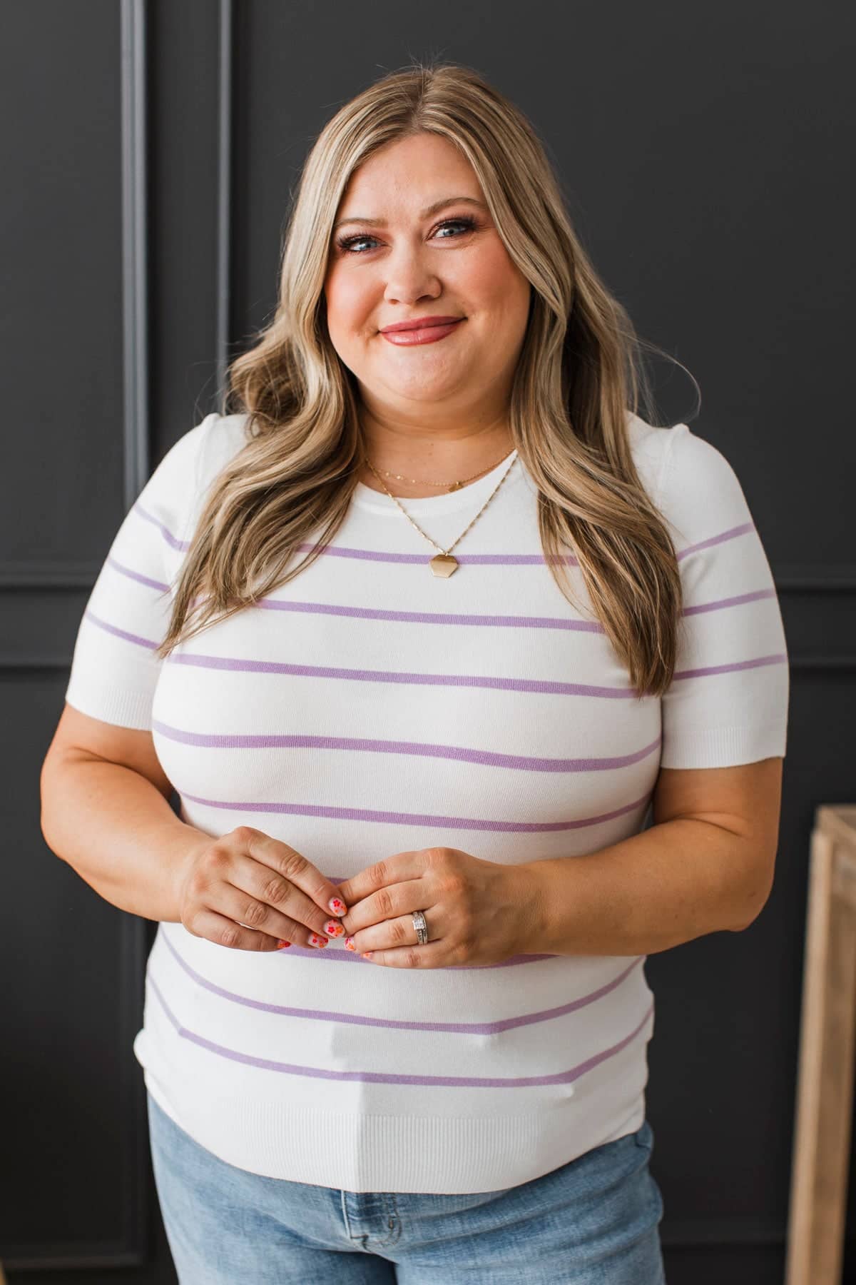 See It Through Striped Short Sleeve Knit Top- White & Lavender - Image 2