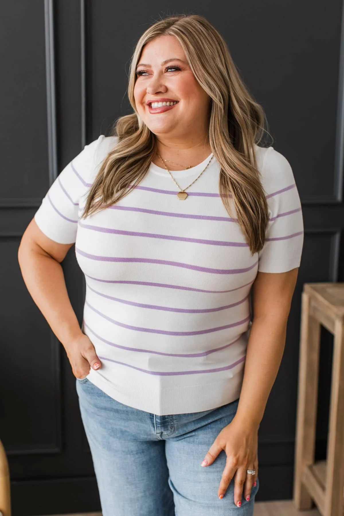 See It Through Striped Short Sleeve Knit Top- White & Lavender - Image 4