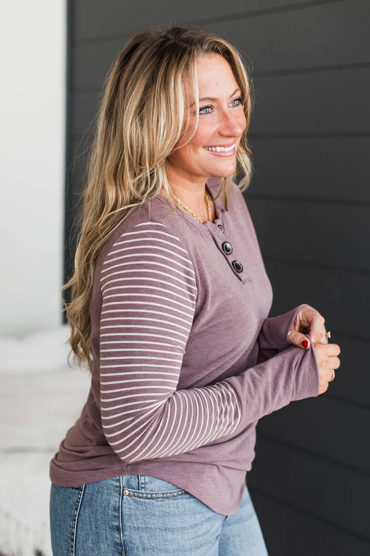 See You There Striped Sleeve Pullover Top- Dusty Purple - Image 4