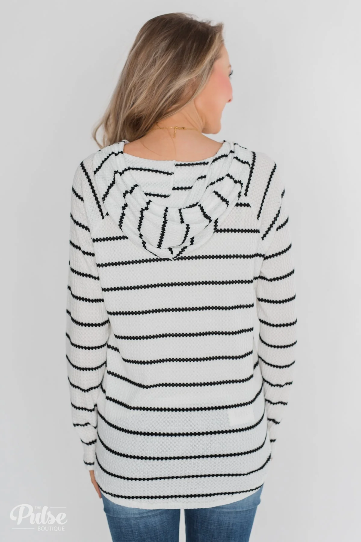 Seeing Stripes Waffle Thermal Hoodie - Black & White - Image 11