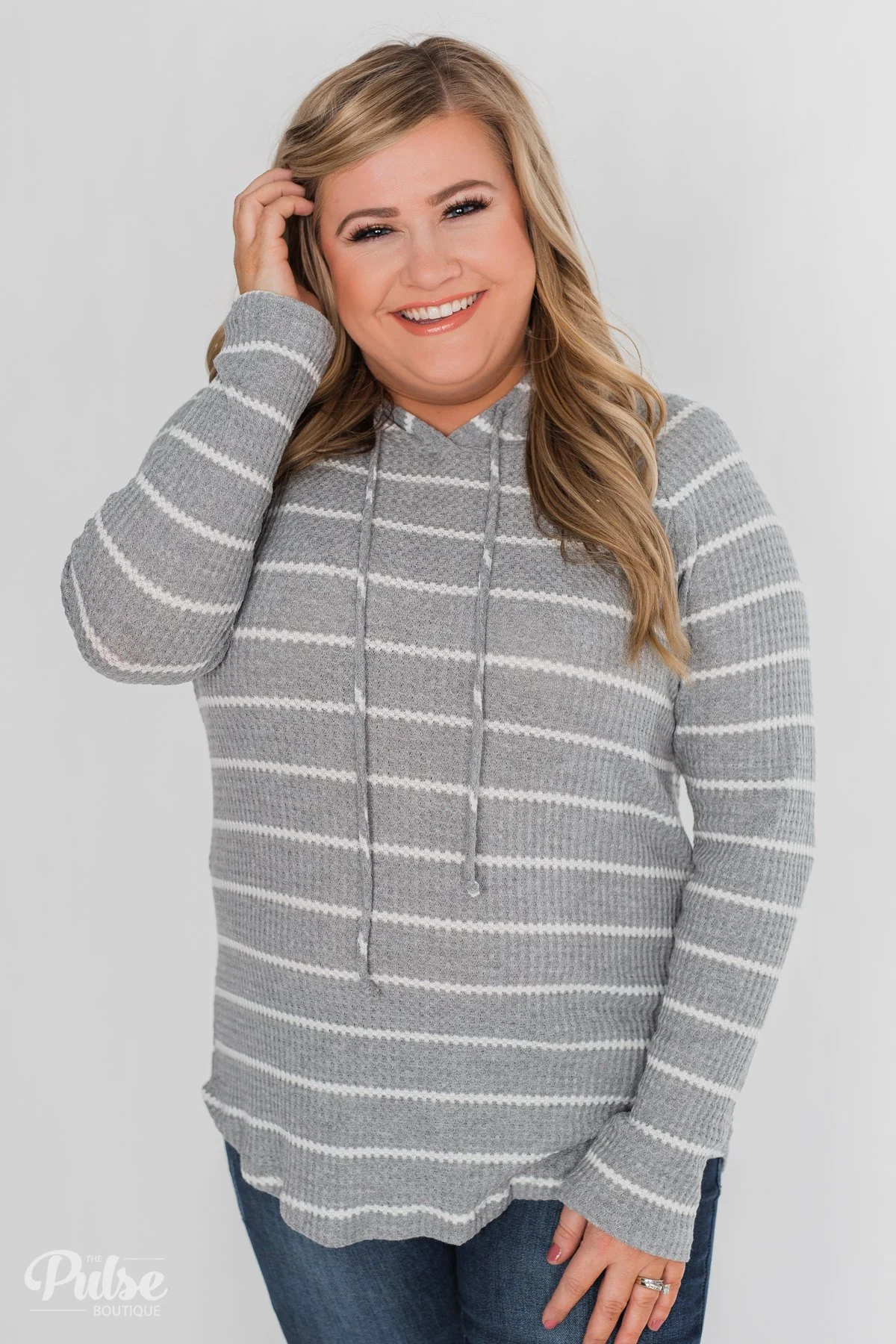 Seeing Stripes Waffle Thermal Hoodie- Heather Grey - Image 10