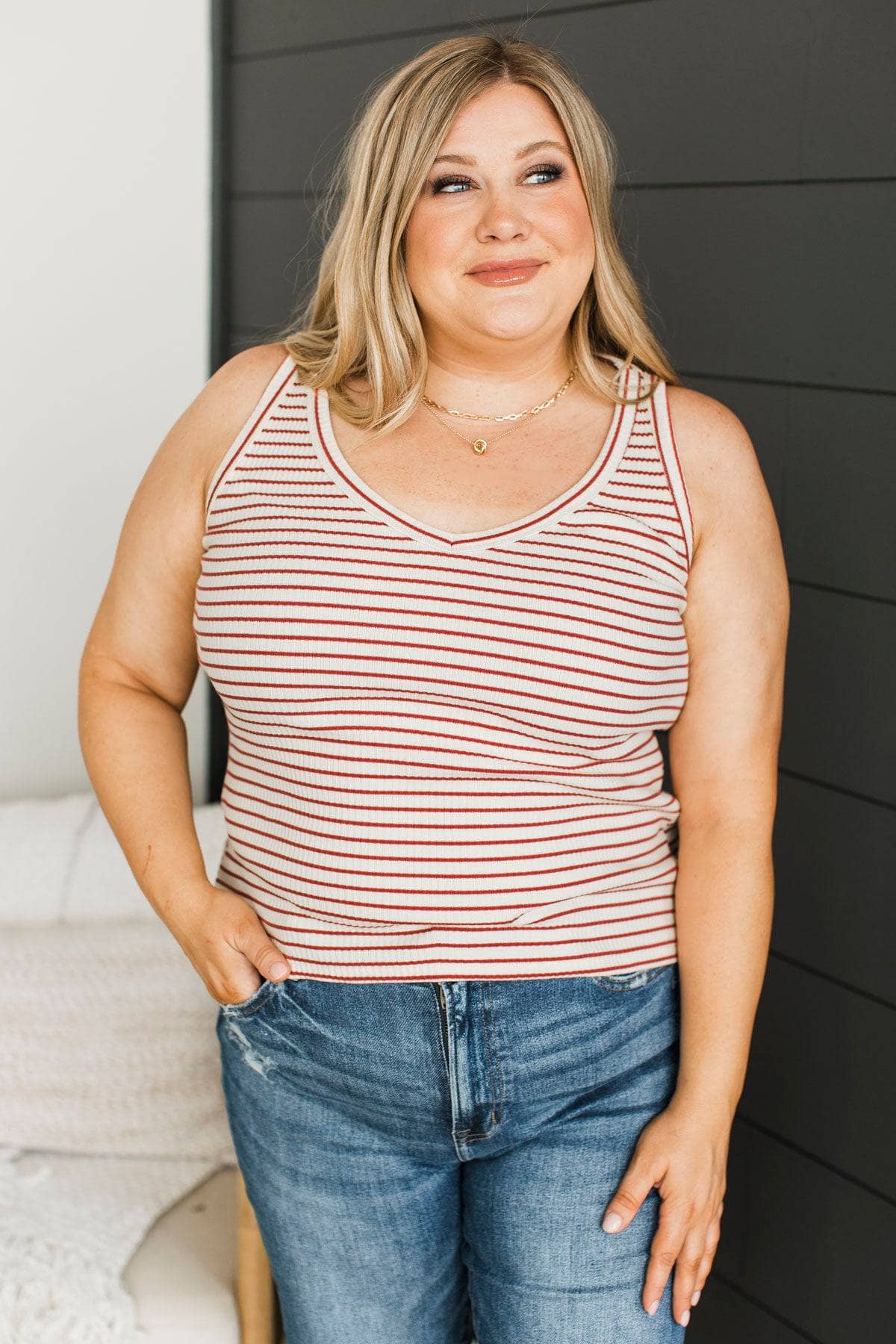 Seeing You Clearly Striped Tank Top- Cream & Red - Image 3