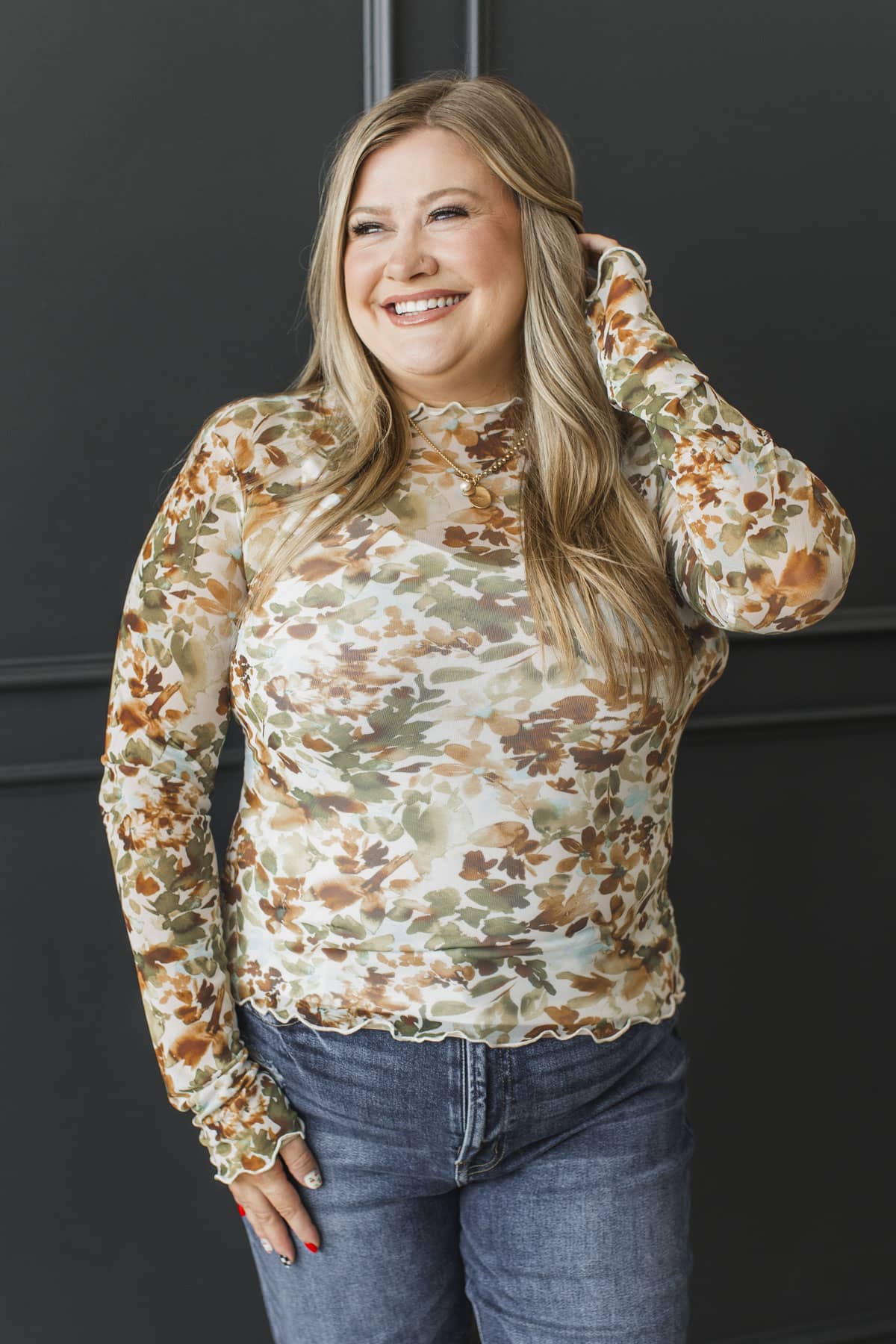 Seek The Magic Long Sleeve Mesh Top- Ivory, Moss & Rust - Image 2