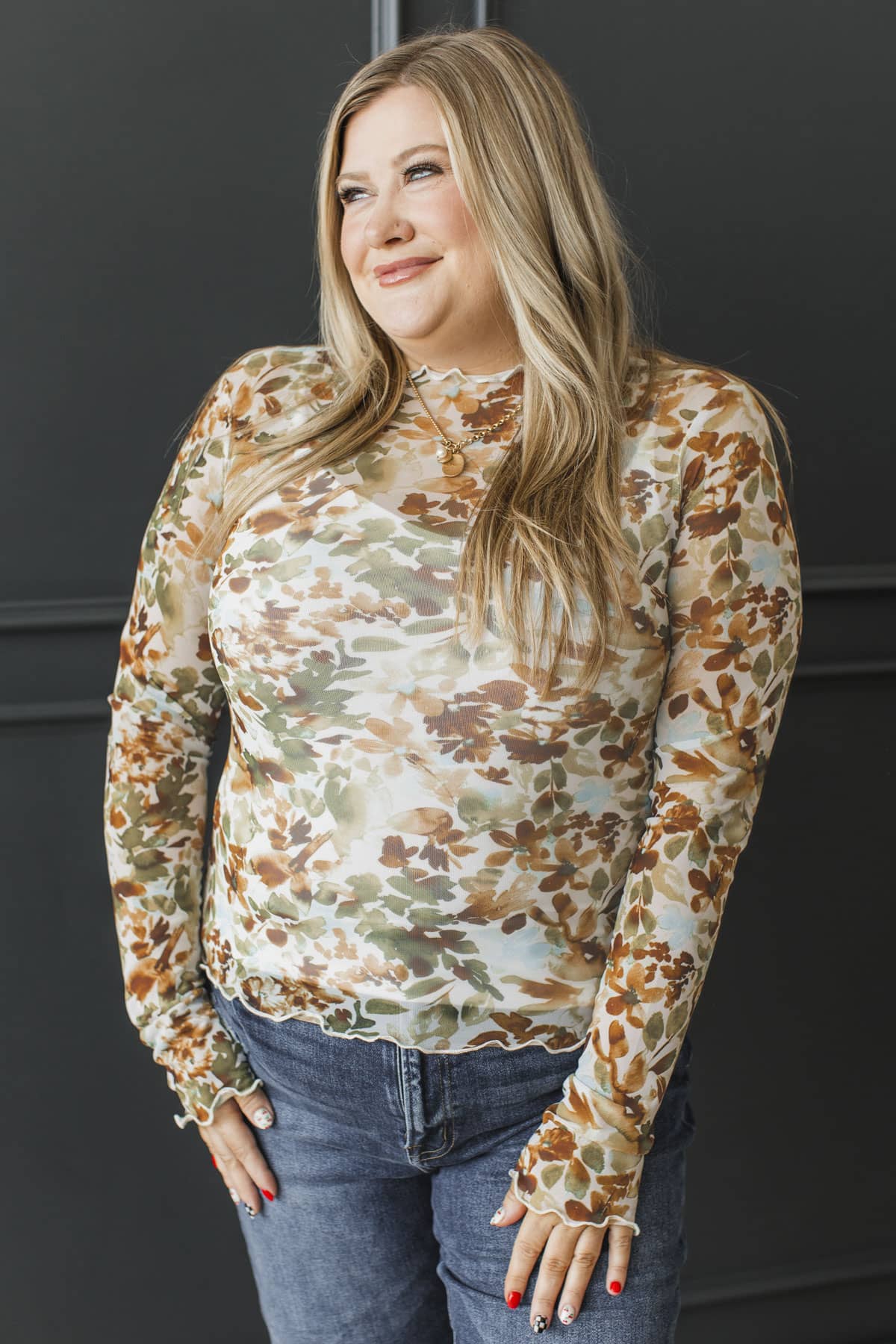 Seek The Magic Long Sleeve Mesh Top- Ivory, Moss & Rust - Image 4