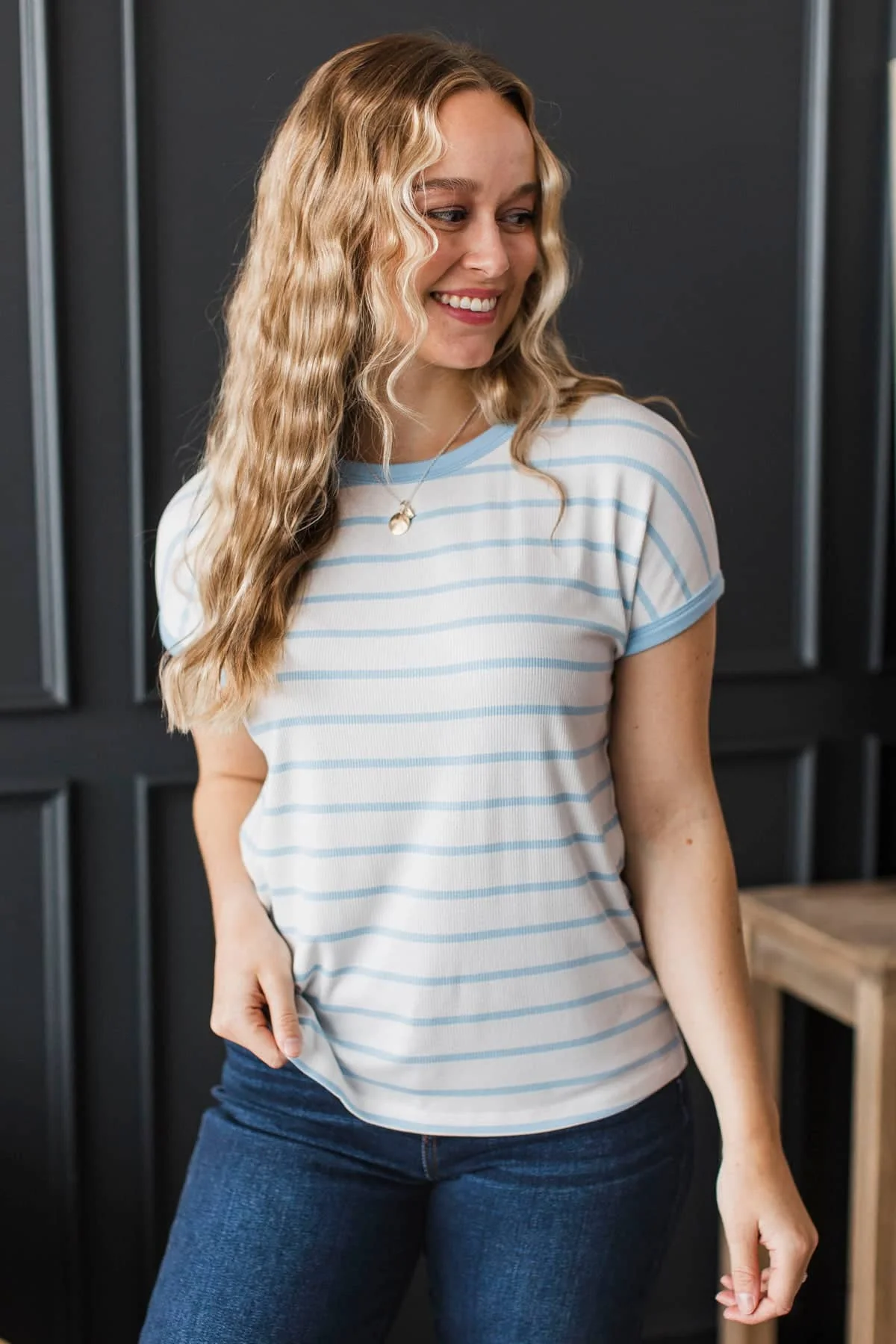 Seeking Attention Striped Short Sleeve Top- Ivory & Blue - Image 2