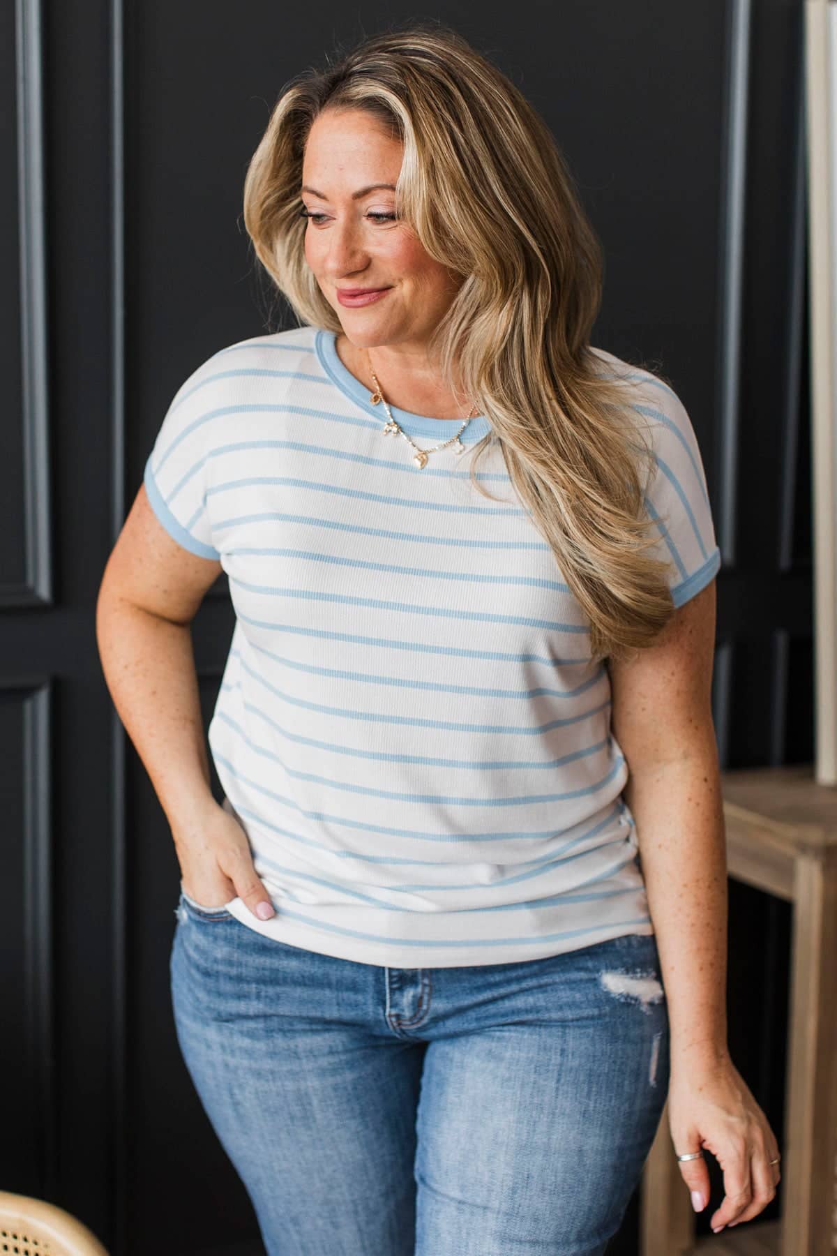 Seeking Attention Striped Short Sleeve Top- Ivory & Blue - Image 3