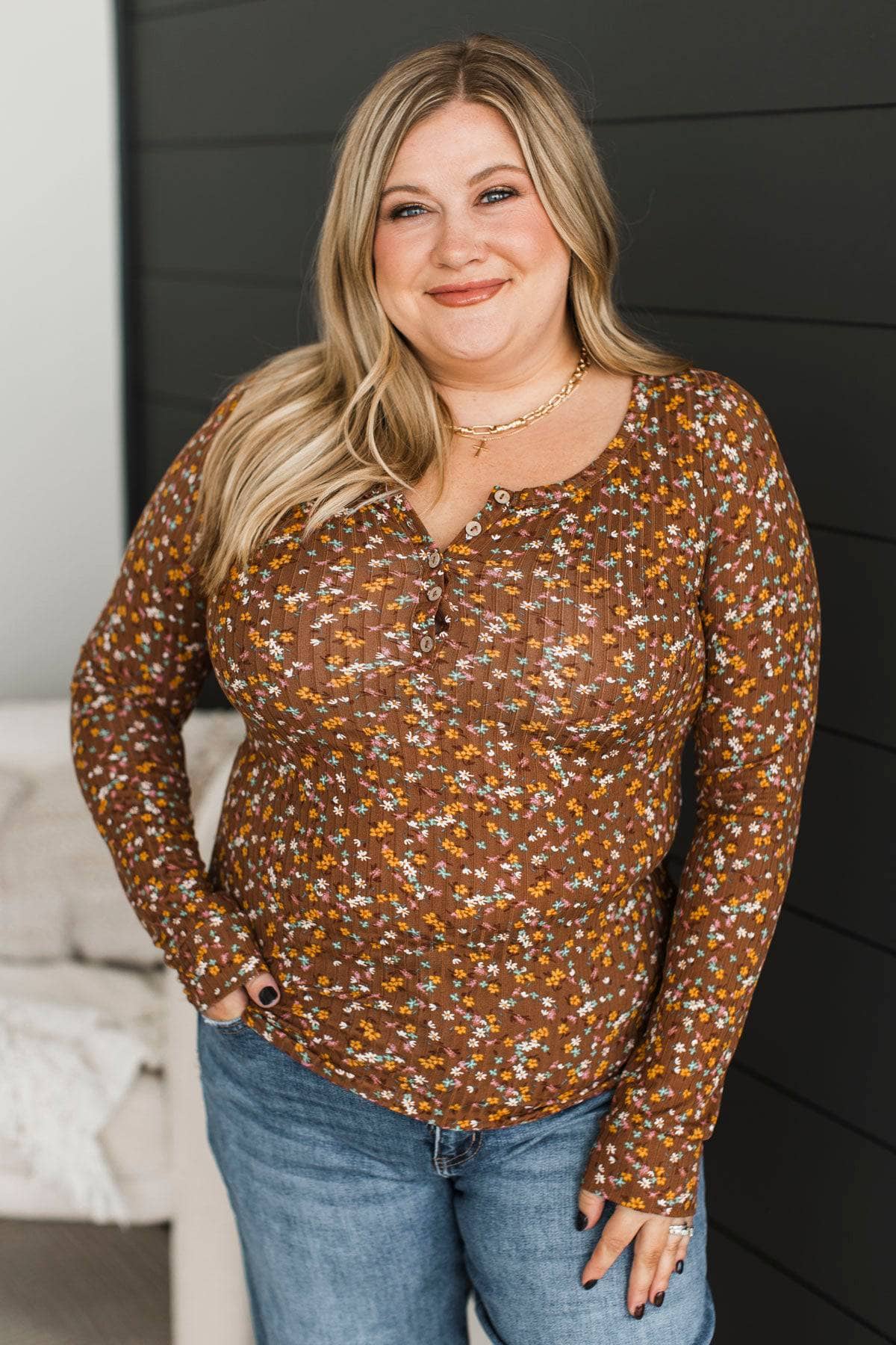 Seeking Harmony Floral Henley Top- Brown