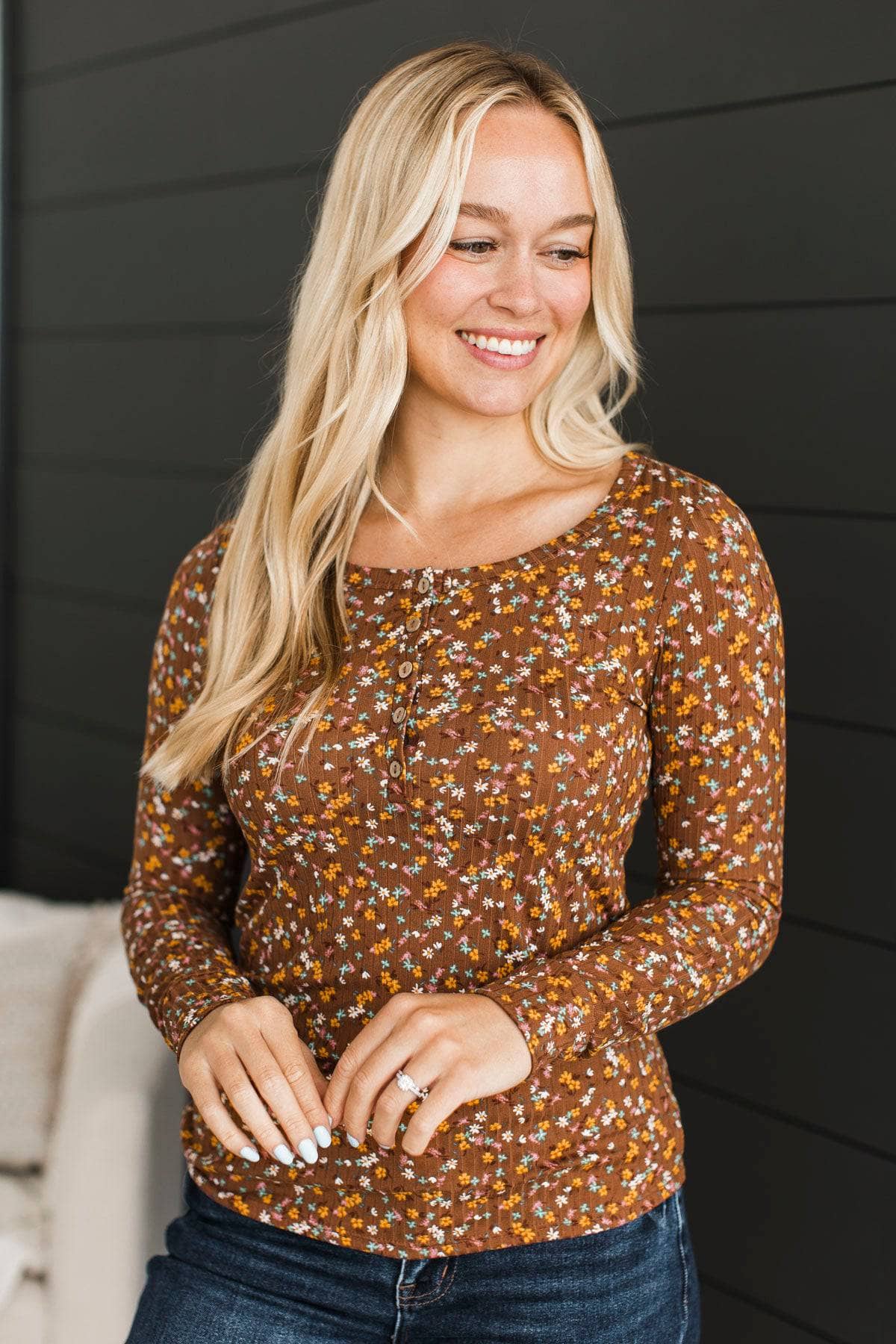 Seeking Harmony Floral Henley Top- Brown - Image 2