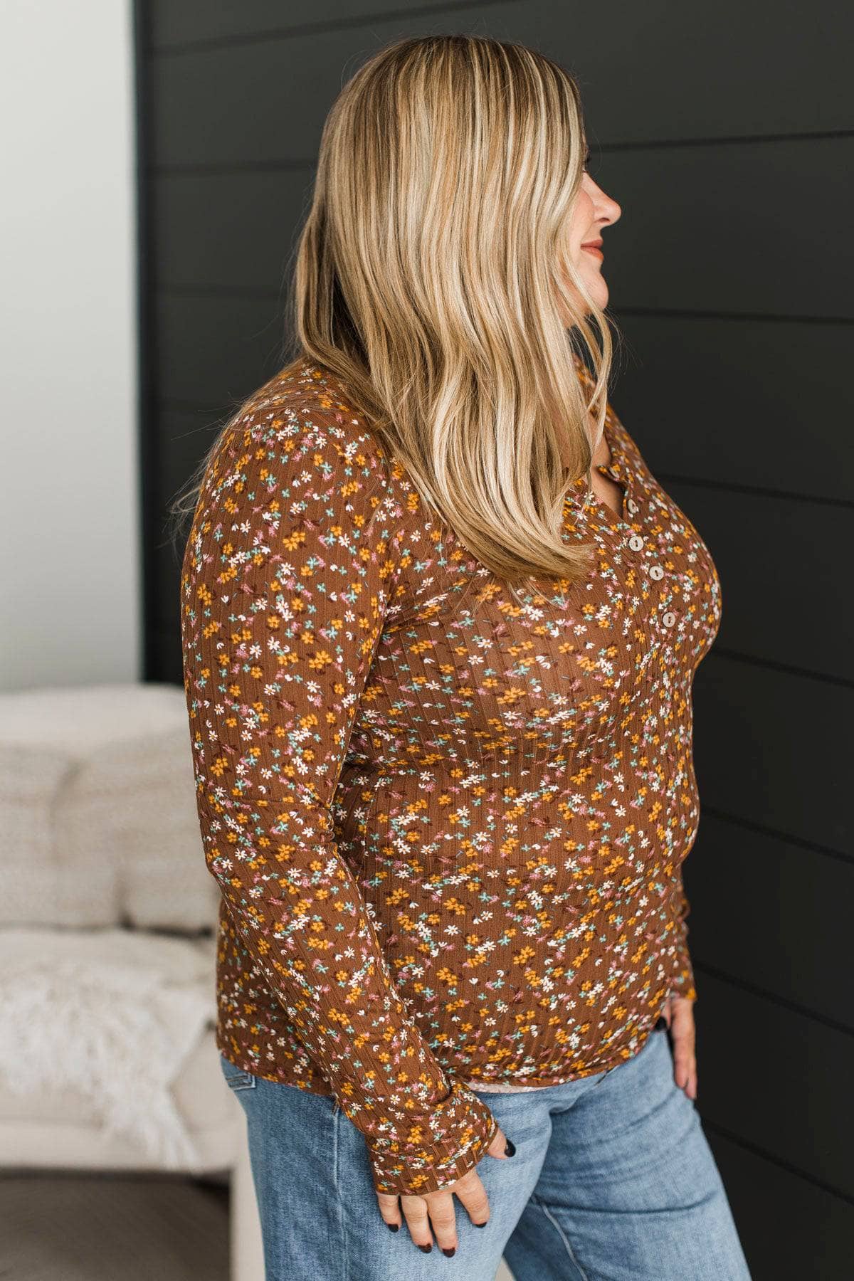 Seeking Harmony Floral Henley Top- Brown - Image 5