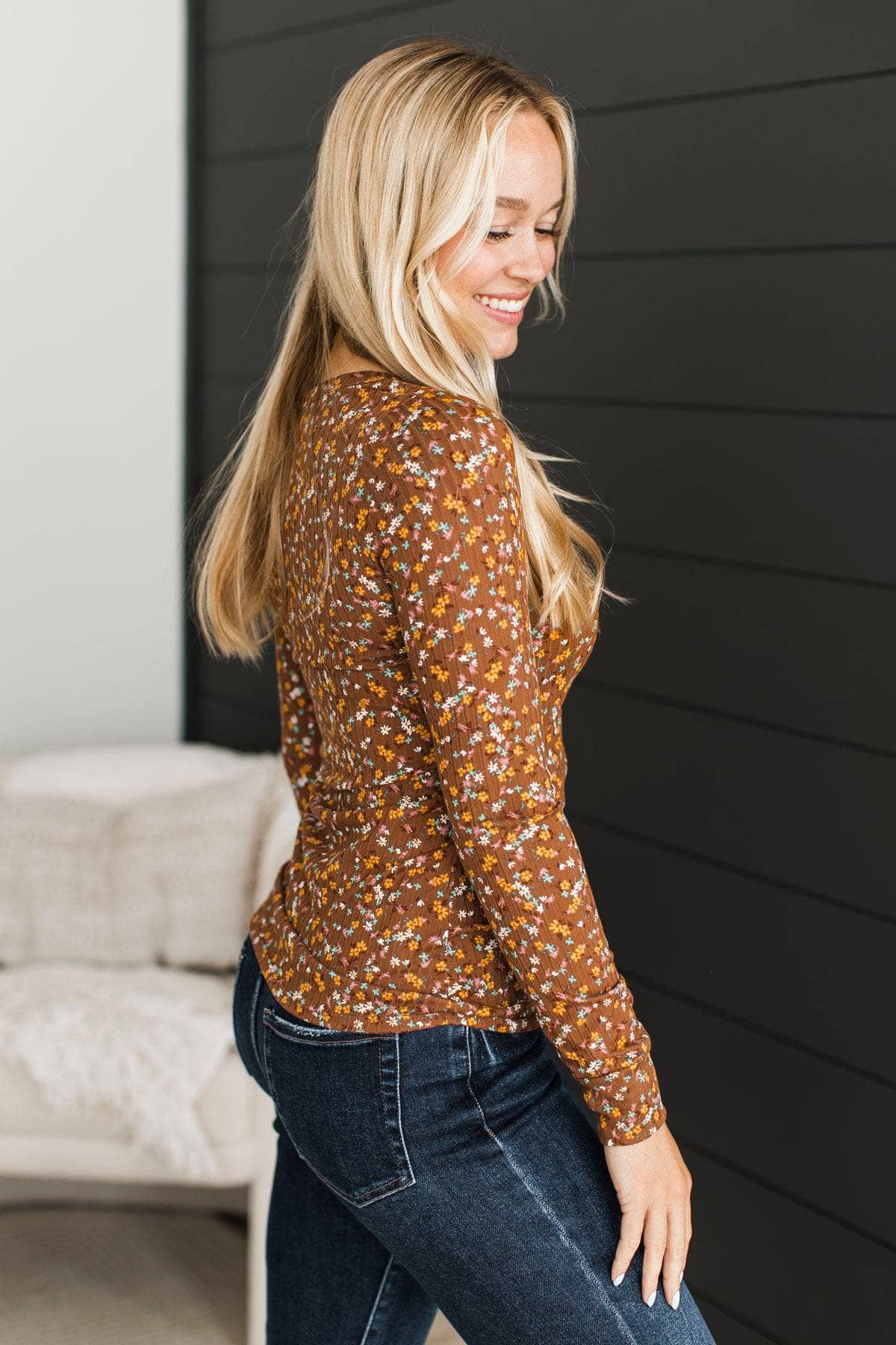 Seeking Harmony Floral Henley Top- Brown - Image 6