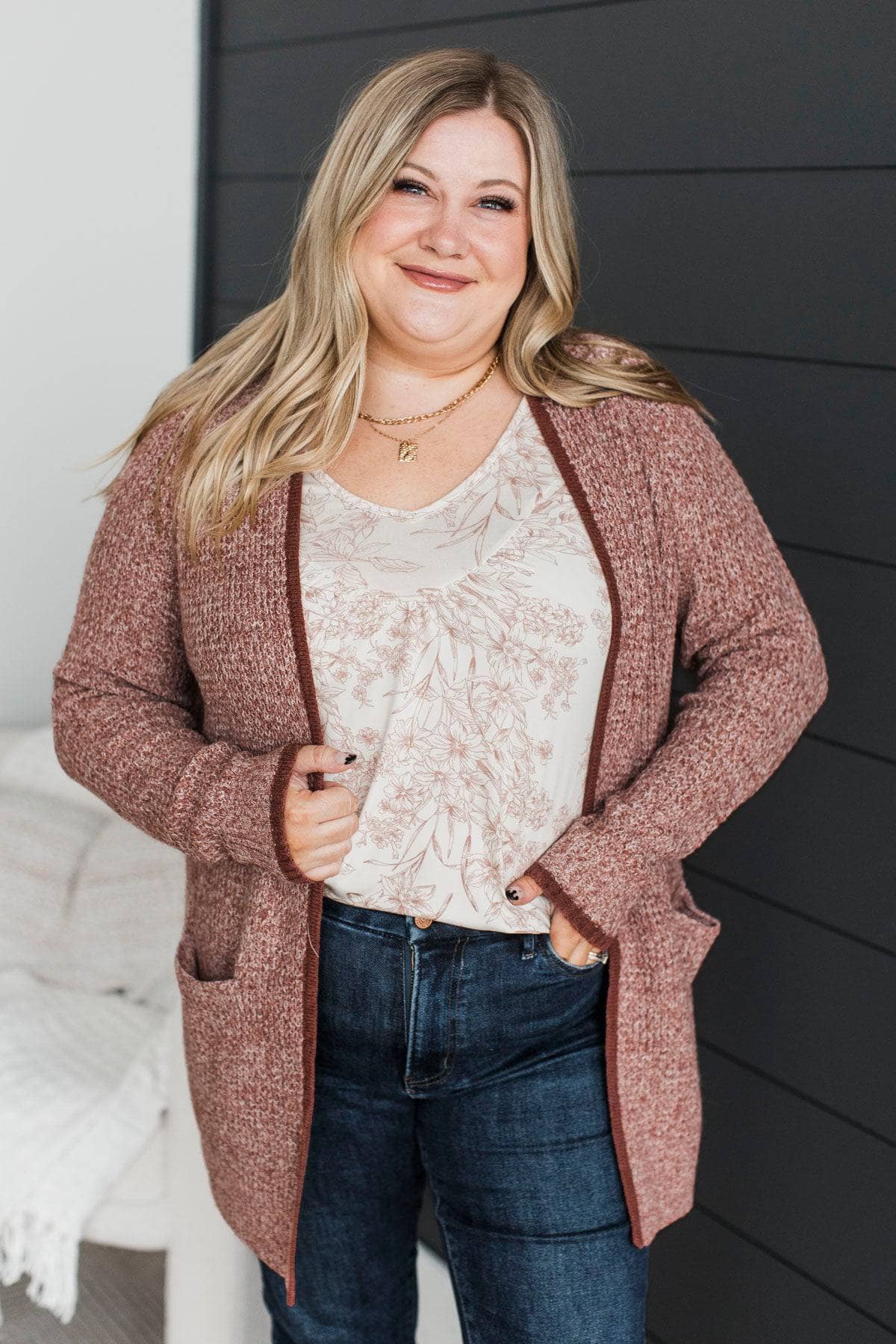 Seeking Perfection Waffle Knit Cardigan- Burgundy - Image 2