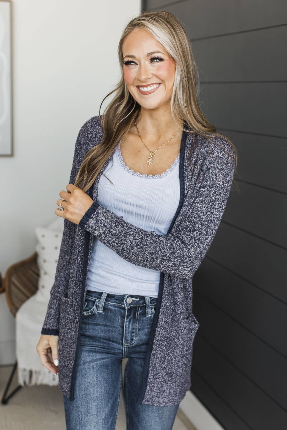 Seeking Perfection Waffle Knit Cardigan- Navy - Image 2