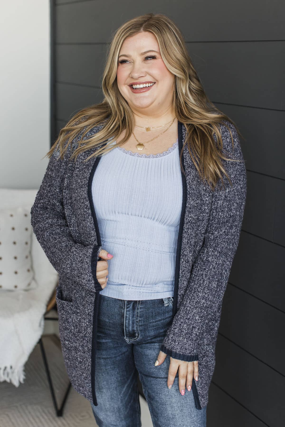 Seeking Perfection Waffle Knit Cardigan- Navy - Image 3