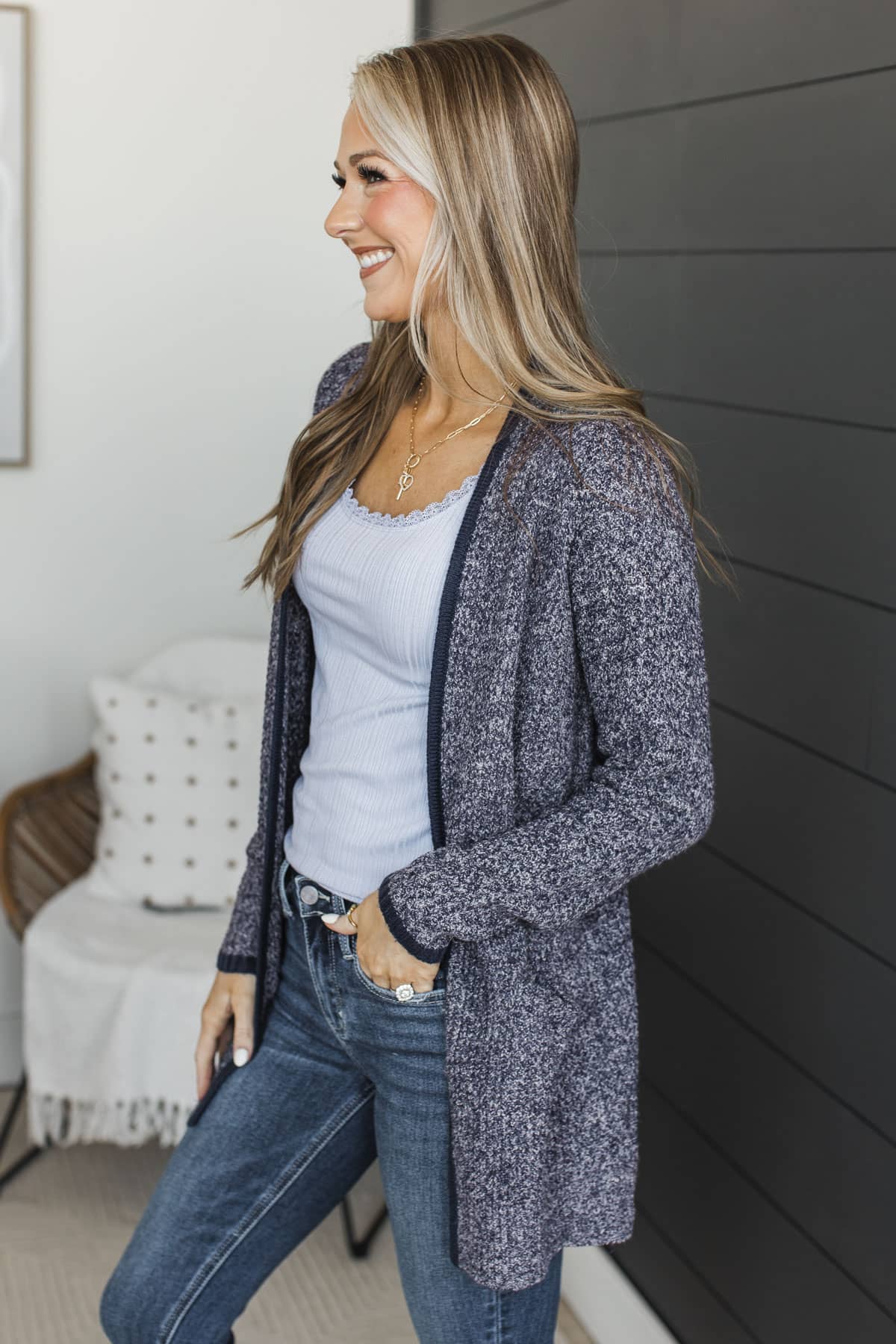 Seeking Perfection Waffle Knit Cardigan- Navy - Image 4
